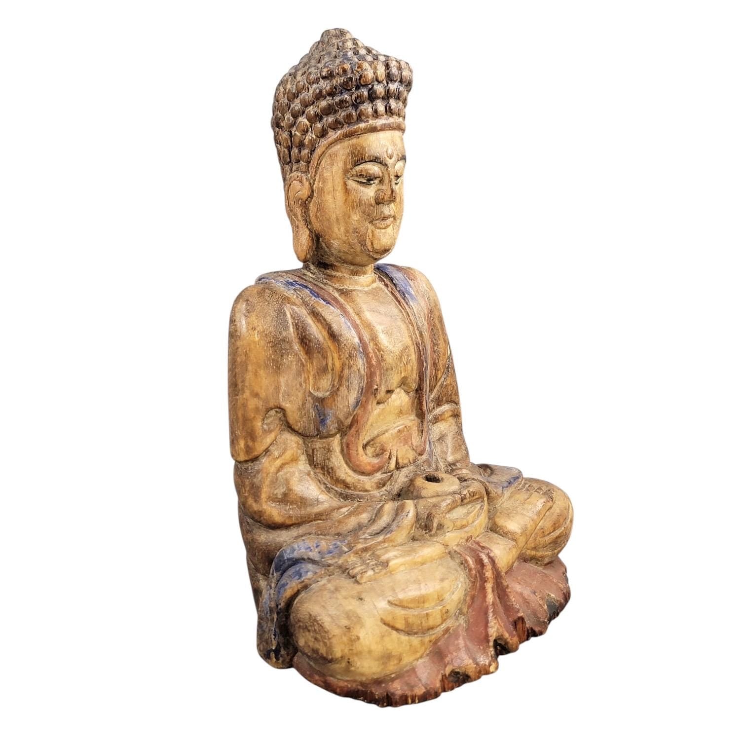 Chinese Temple Buddha, 19thC Wood, Fine Carving, Original Candle Hole