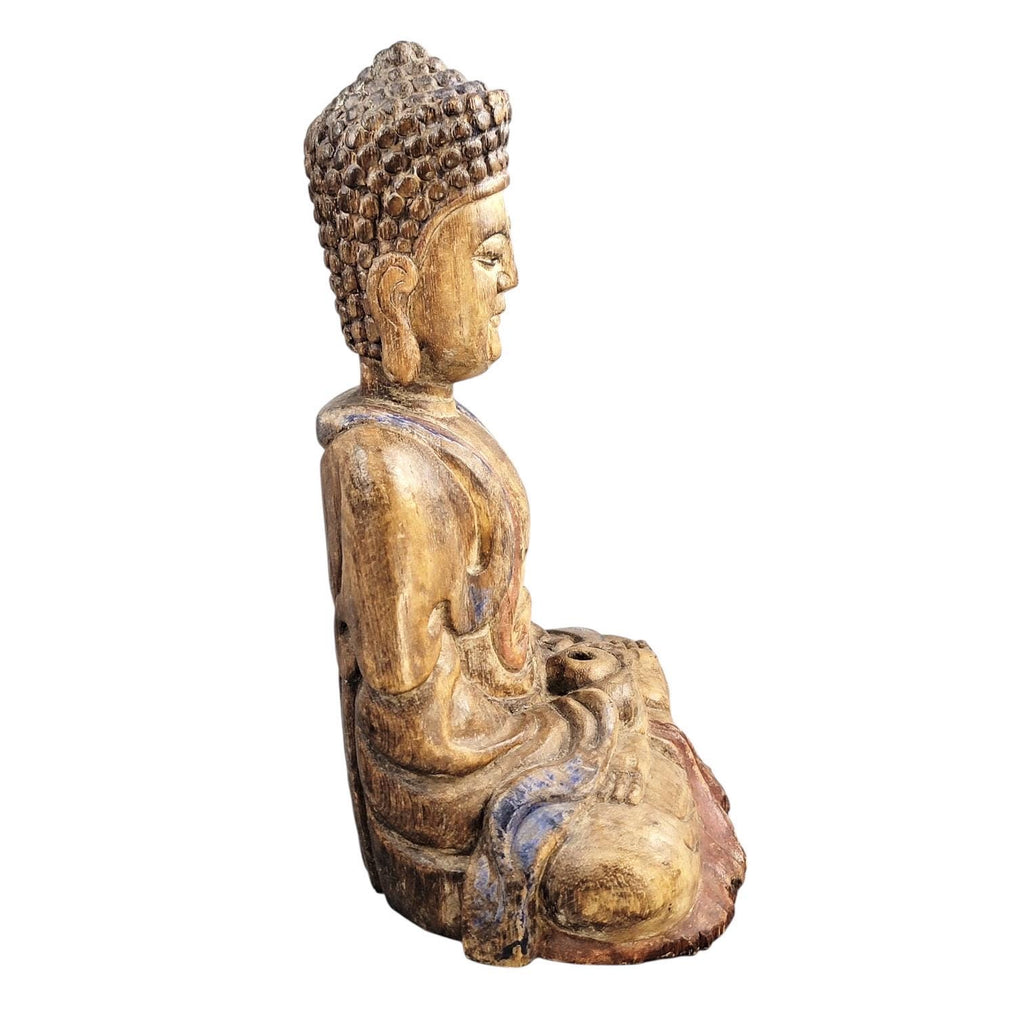 Chinese Temple Buddha, 19thC Wood, Fine Carving, Original Candle Hole