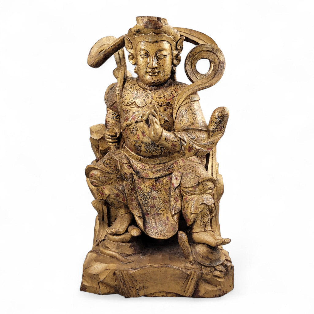 19th-C Chinese Gilt Wood Temple Guardian (Zhenwu) — 40.5 cm
