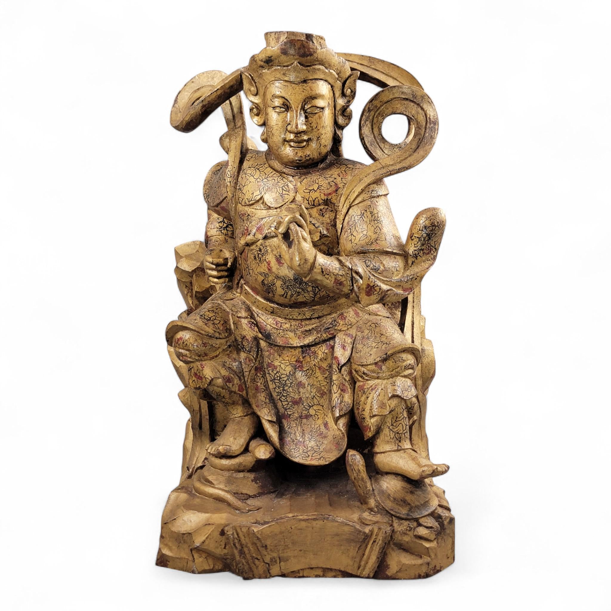 19th-C Chinese Gilt Wood Temple Guardian (Zhenwu) — 40.5 cm