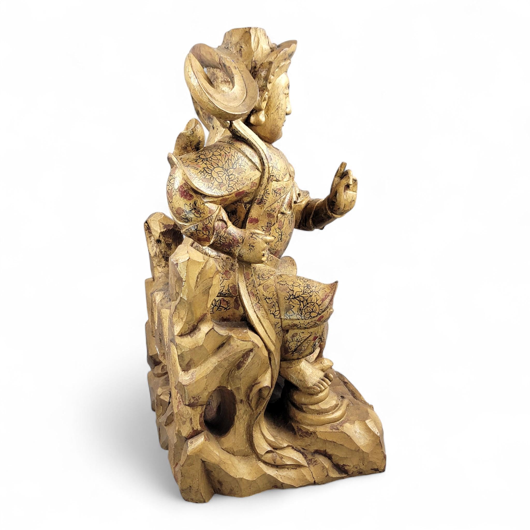 19th-C Chinese Gilt Wood Temple Guardian (Zhenwu) — 40.5 cm