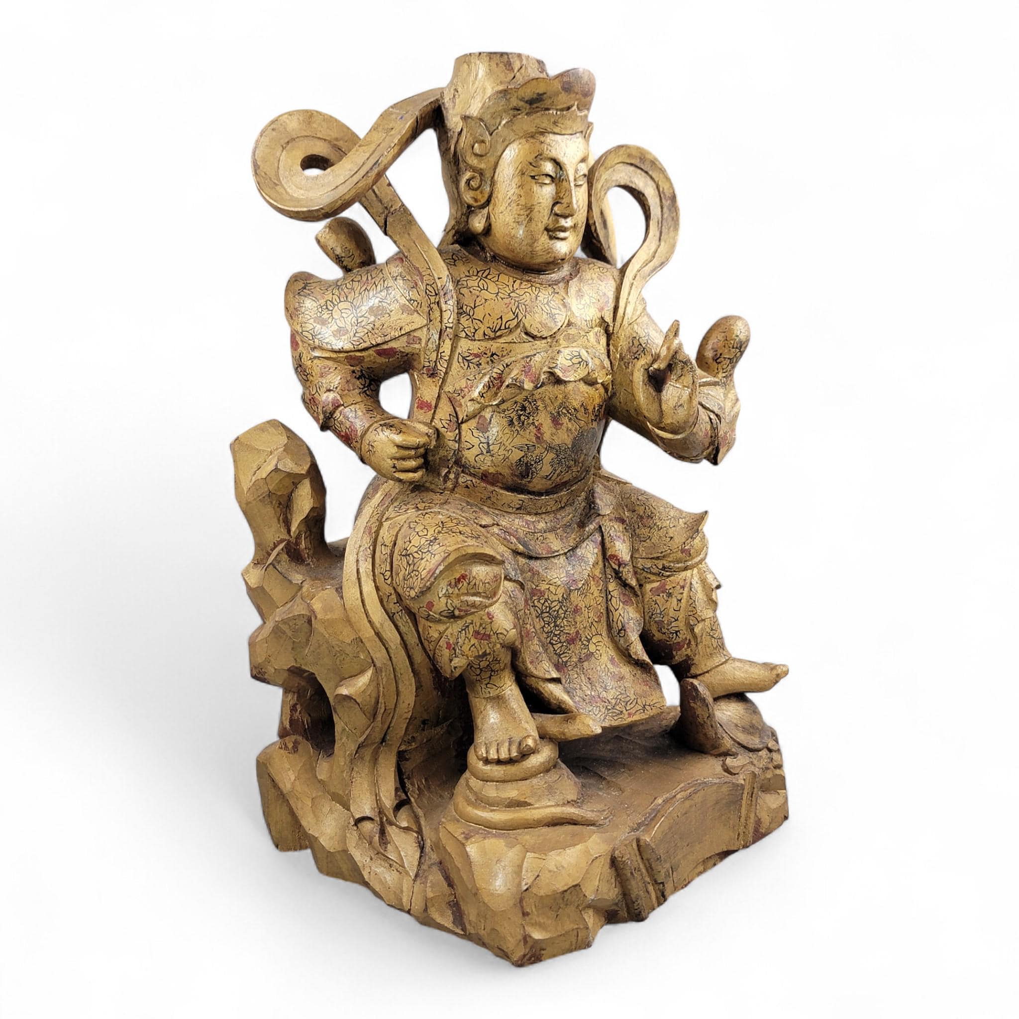 19th-C Chinese Gilt Wood Temple Guardian (Zhenwu) — 40.5 cm