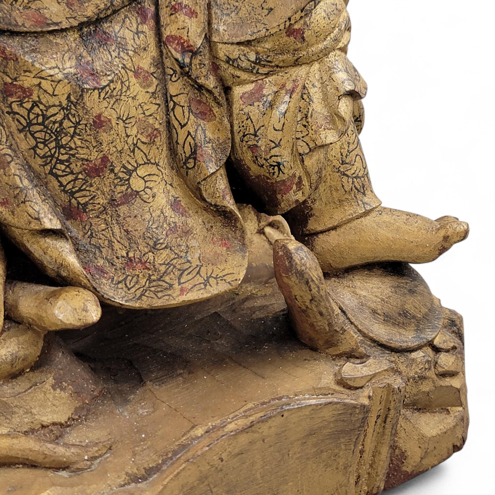 19th-C Chinese Gilt Wood Temple Guardian (Zhenwu) — 40.5 cm