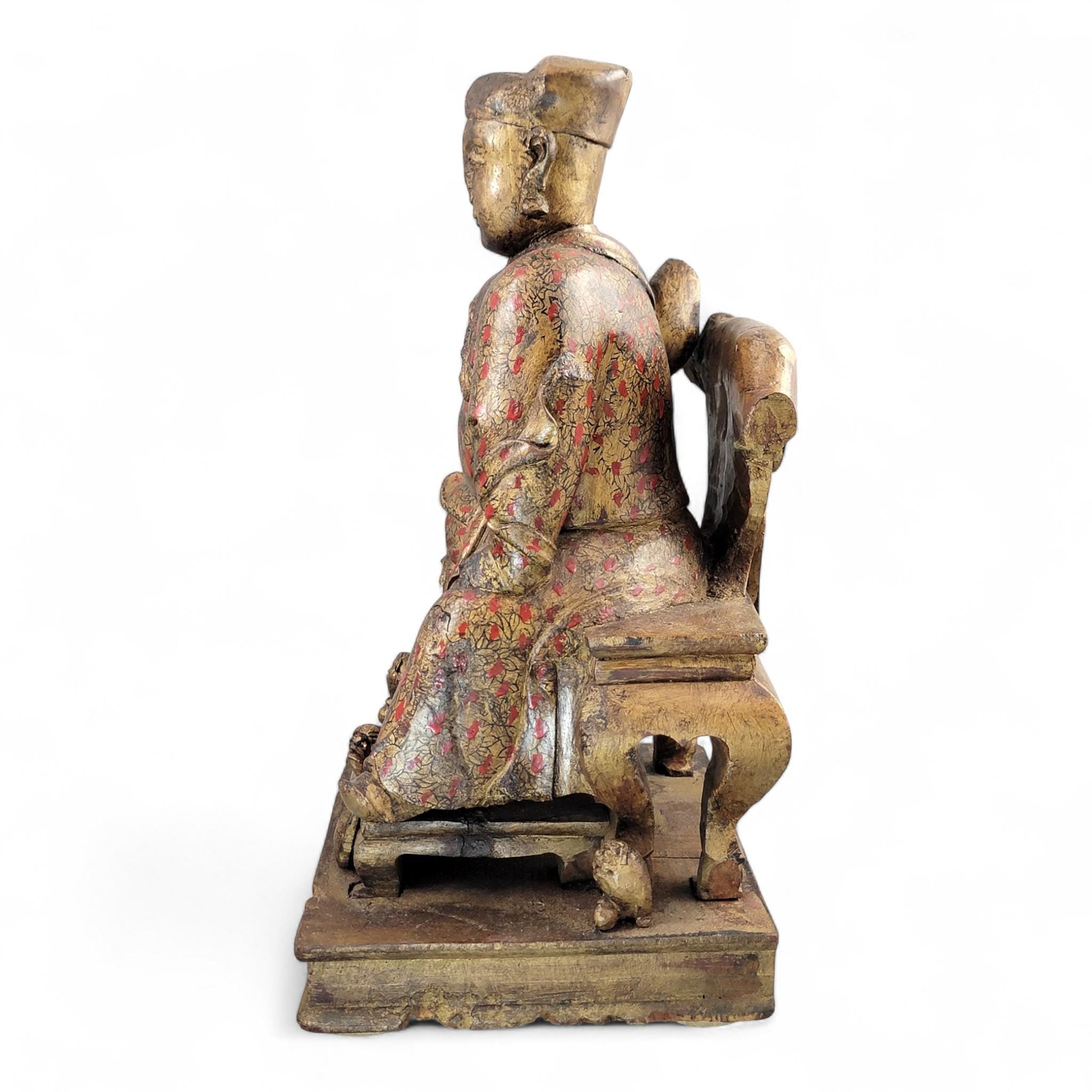 Early Chinese Temple Figure in Gilt & Polychrome, Seated Civil Official, South China c.1650