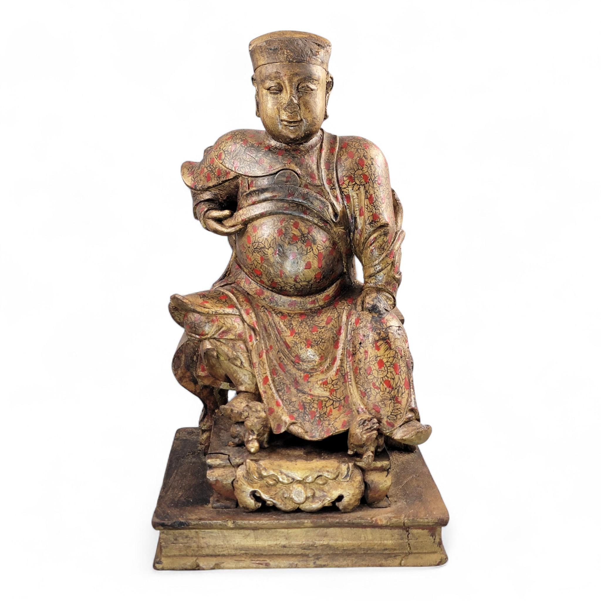 Early Chinese Temple Figure in Gilt & Polychrome, Seated Civil Official, South China c.1650