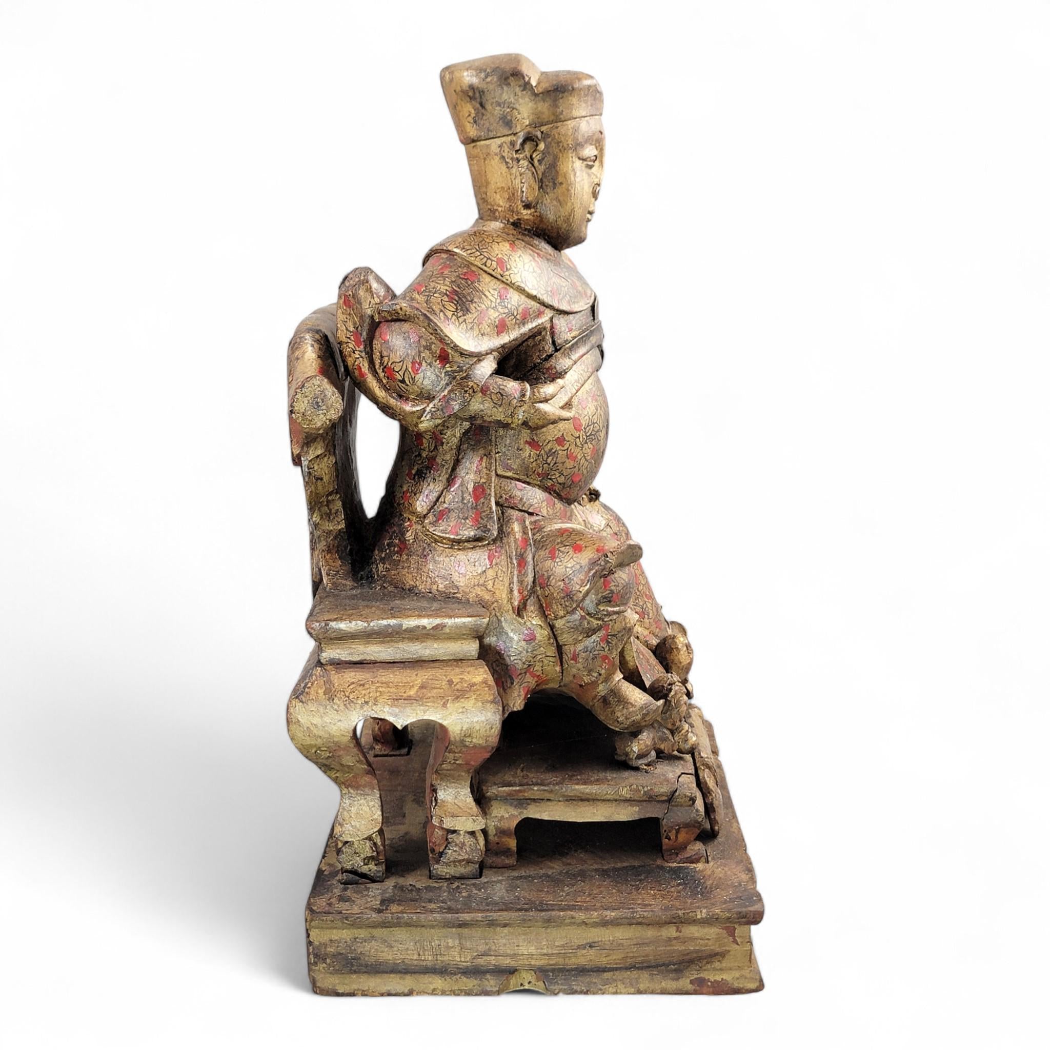 Early Chinese Temple Figure in Gilt & Polychrome, Seated Civil Official, South China c.1650