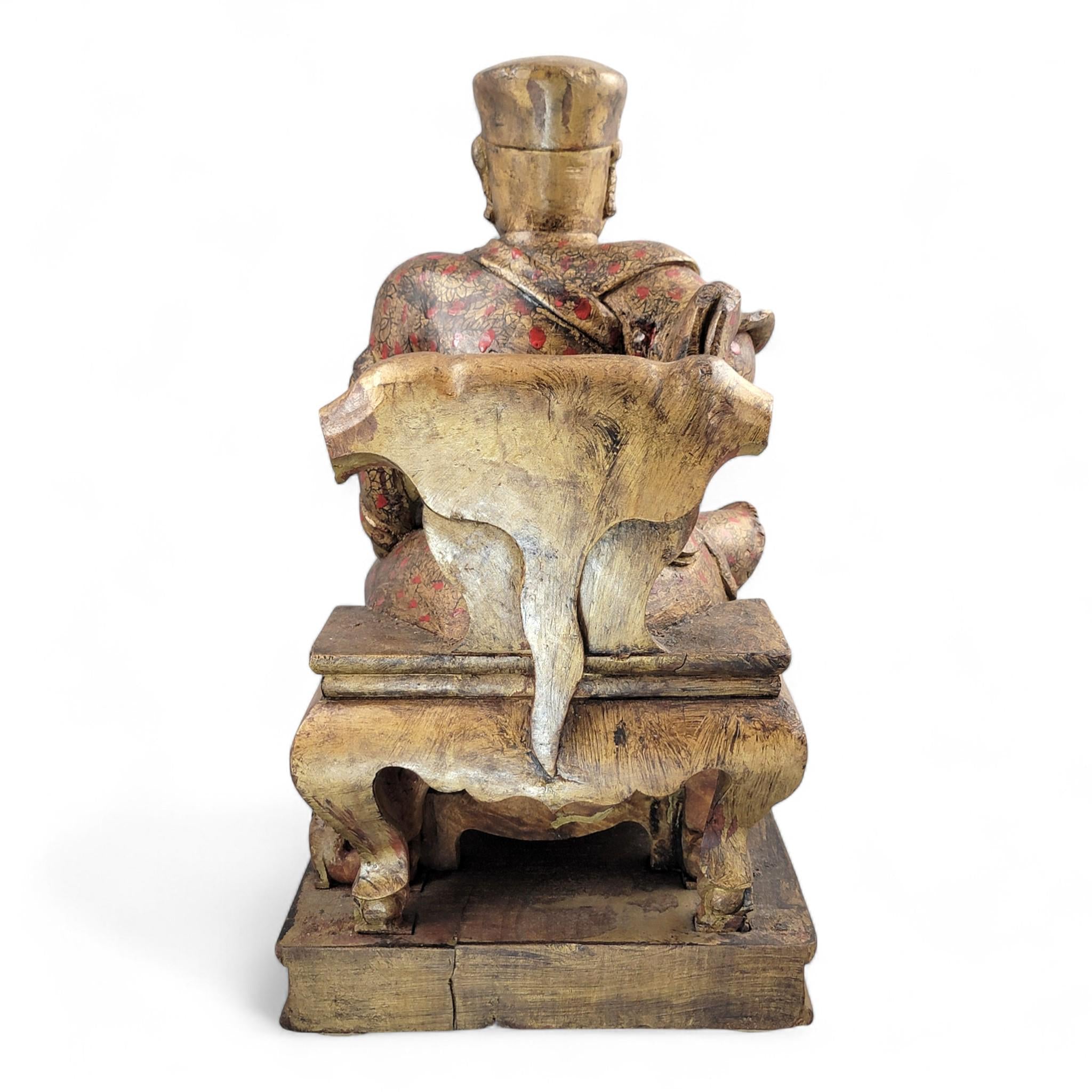 Early Chinese Temple Figure in Gilt & Polychrome, Seated Civil Official, South China c.1650