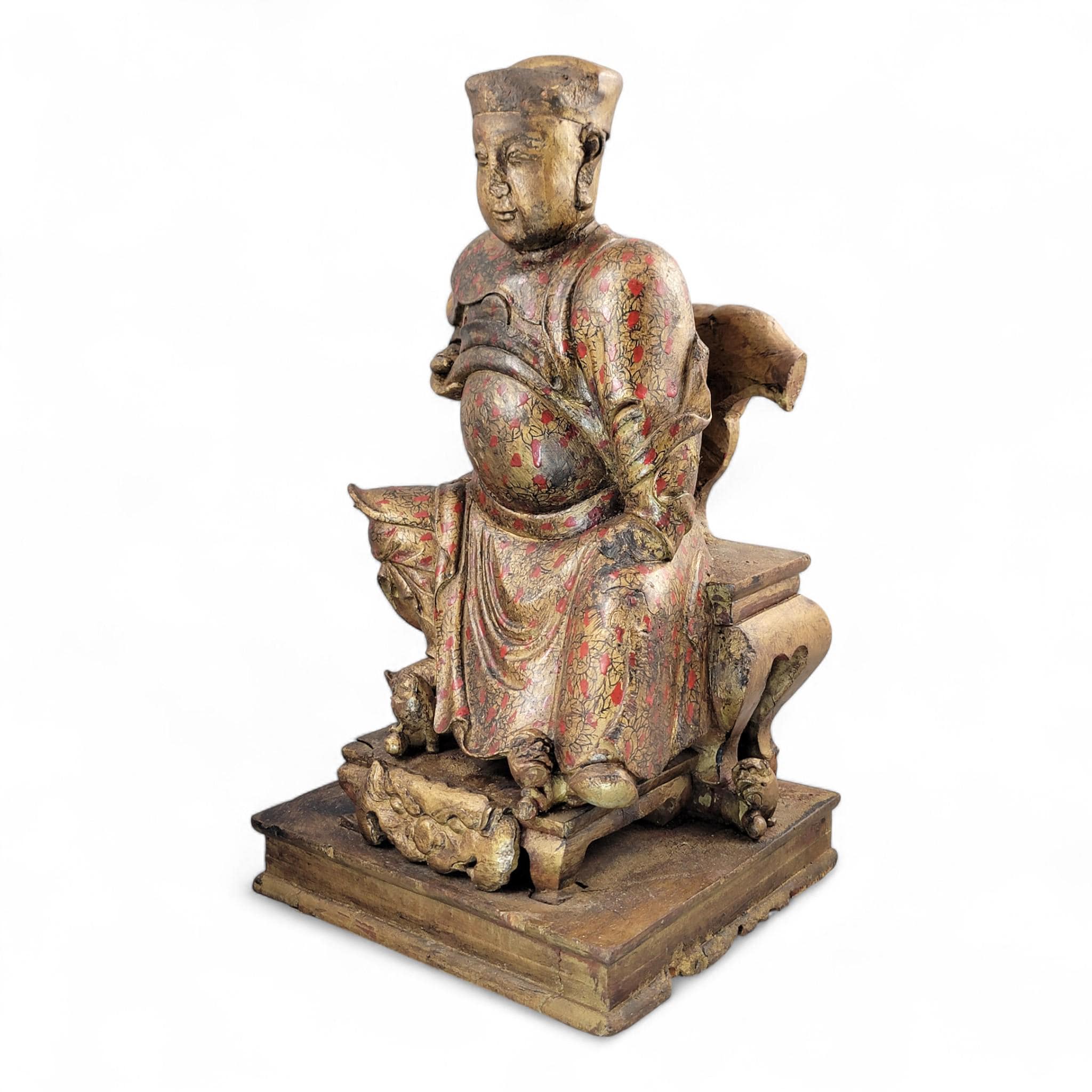 Early Chinese Temple Figure in Gilt & Polychrome, Seated Civil Official, South China c.1650