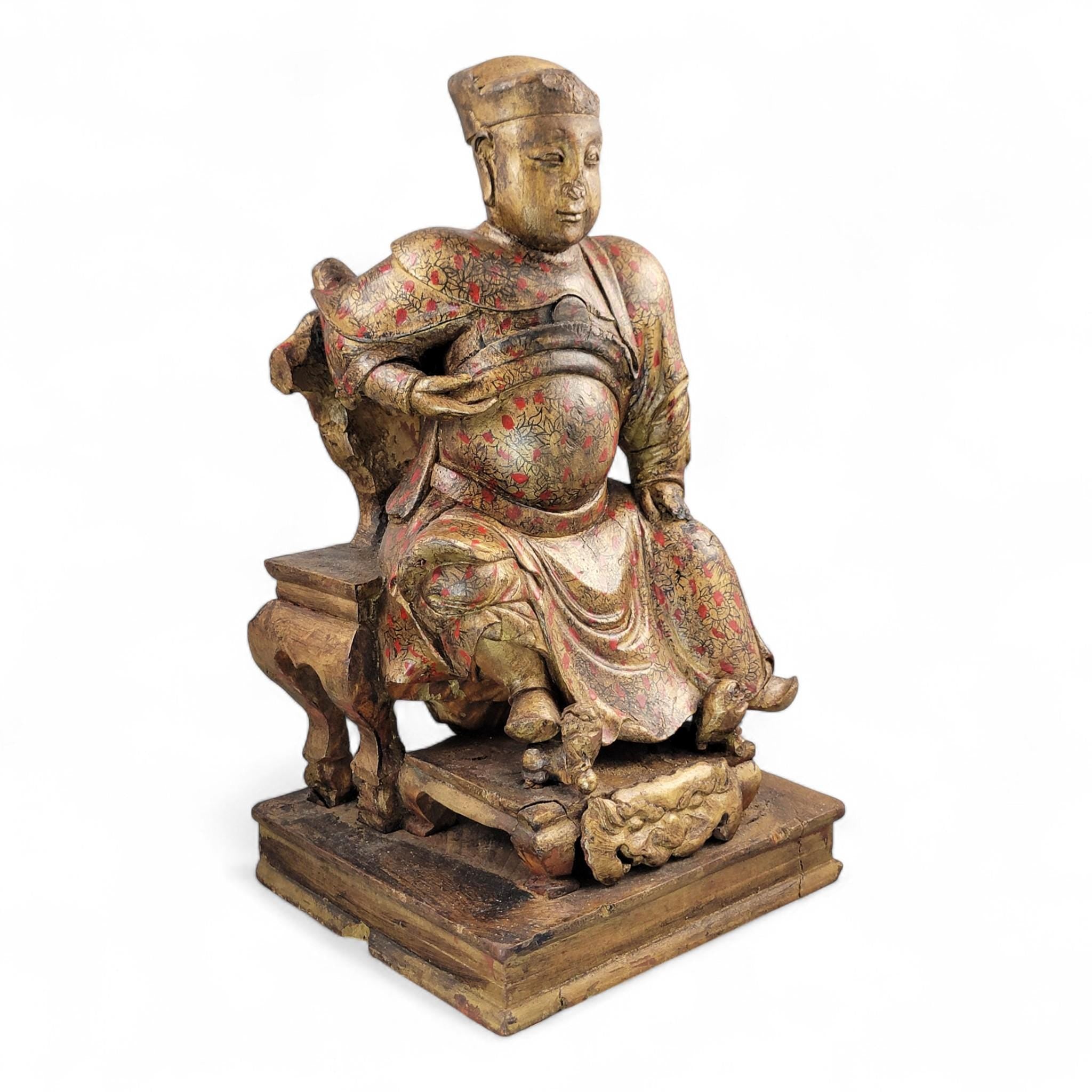 Early Chinese Temple Figure in Gilt & Polychrome, Seated Civil Official, South China c.1650