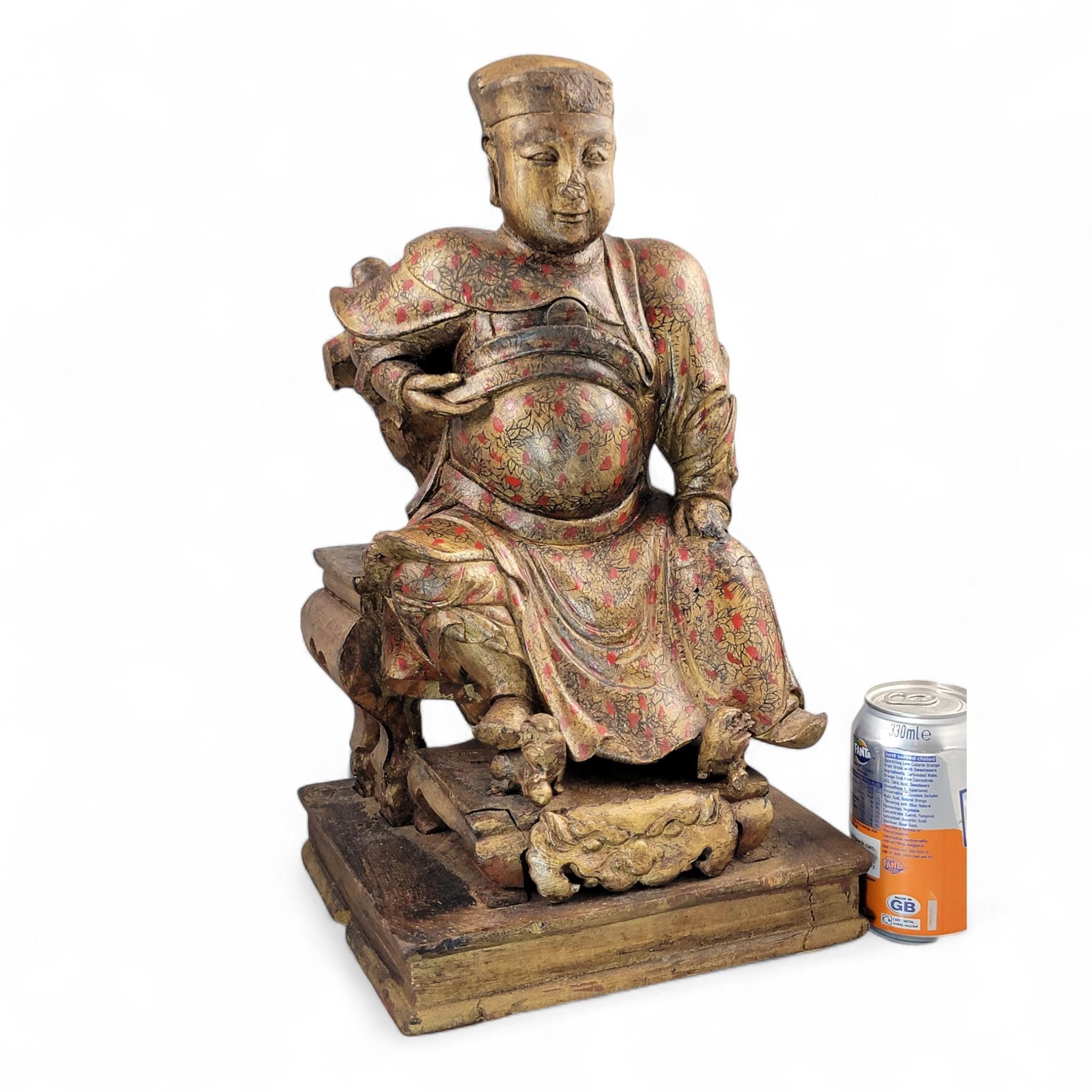 Early Chinese Temple Figure in Gilt & Polychrome, Seated Civil Official, South China c.1650