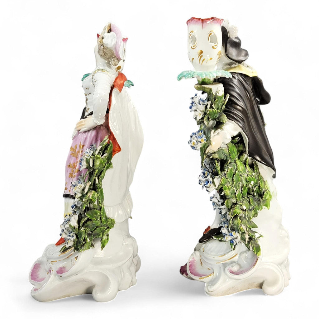 Rare Derby Porcelain Candlestick Figures “Ranelagh Dancers” Pair, Complete with Floral Bocage and Original Sconces, c.1760