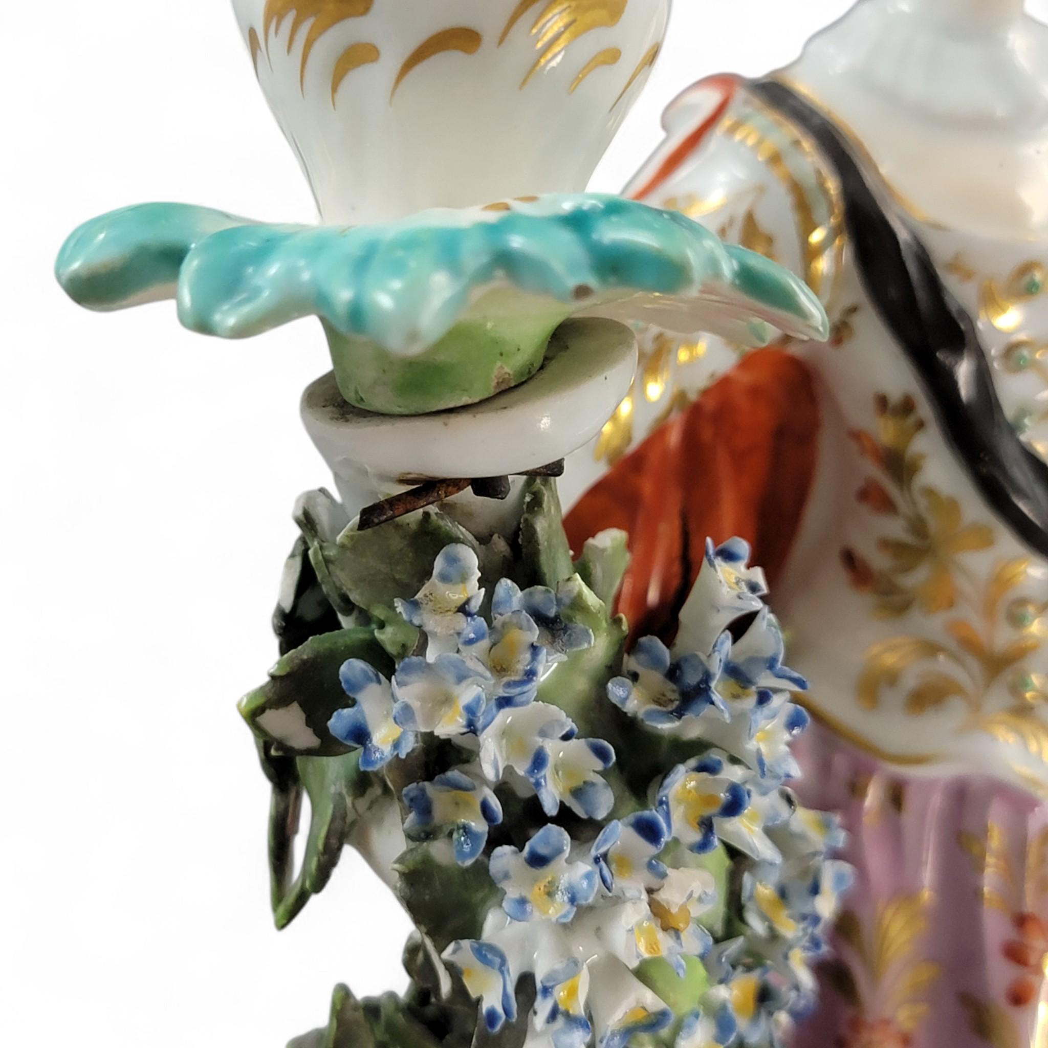 Rare Derby Porcelain Candlestick Figures “Ranelagh Dancers” Pair, Complete with Floral Bocage and Original Sconces, c.1760