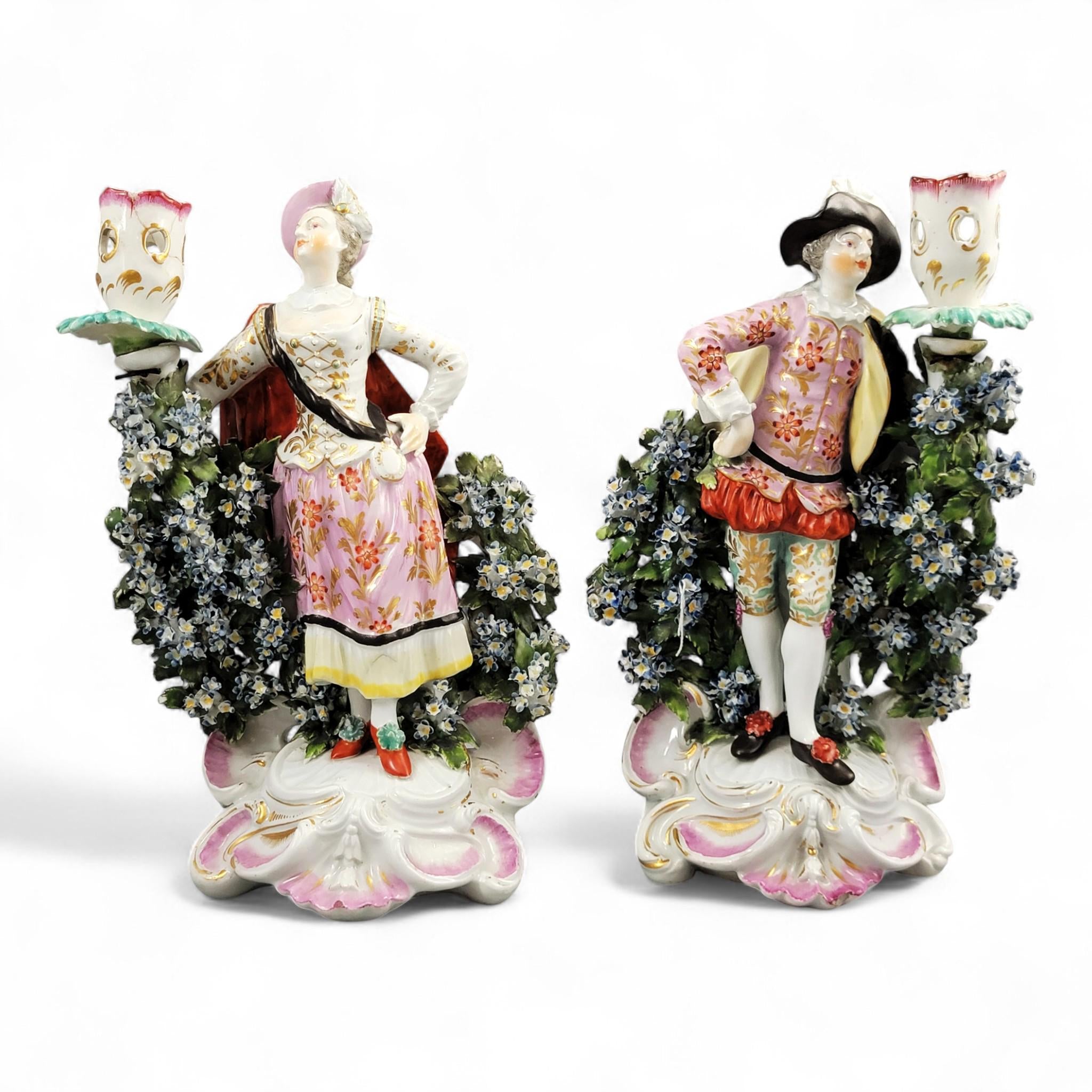 Rare Derby Porcelain Candlestick Figures “Ranelagh Dancers” Pair, Complete with Floral Bocage and Original Sconces, c.1760