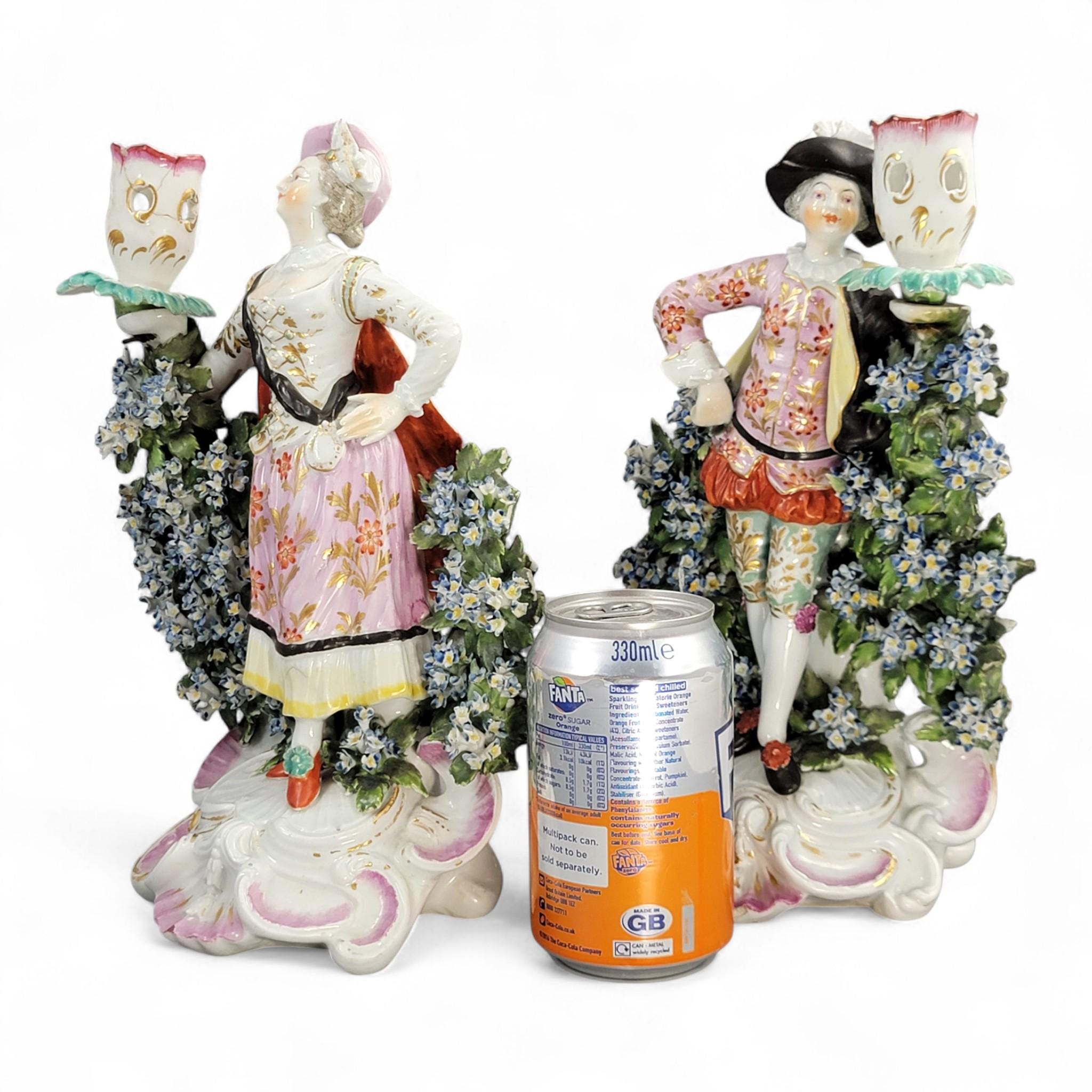 Rare Derby Porcelain Candlestick Figures “Ranelagh Dancers” Pair, Complete with Floral Bocage and Original Sconces, c.1760