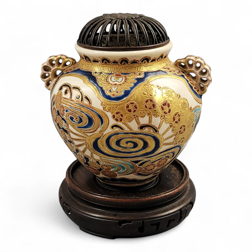 Meiji Satsuma gosu blue koro signed Kizan with metal lid, c.1885