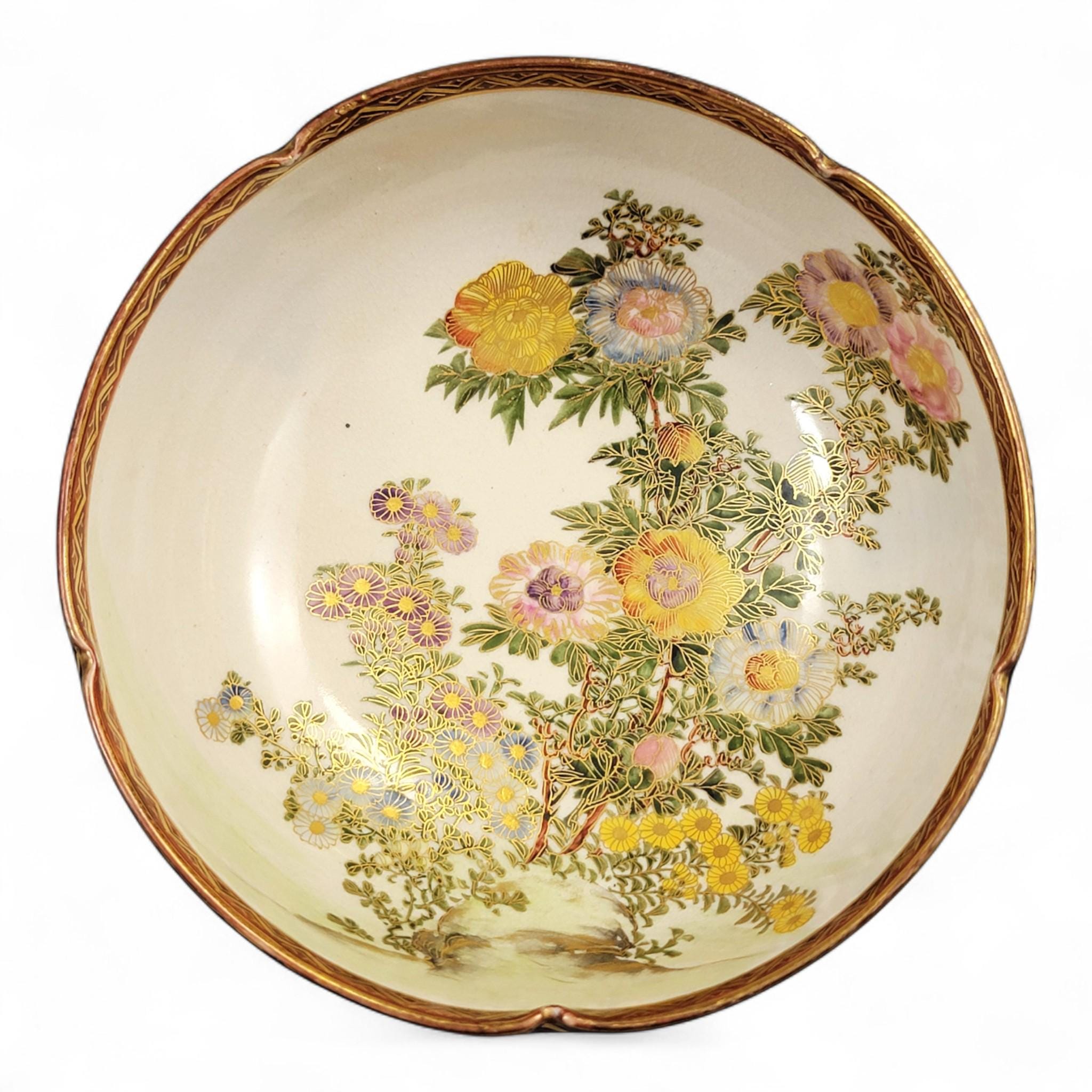 Meiji Japanese Satsuma floral bowl by Nikko, Shimazu crest c.1890–1910