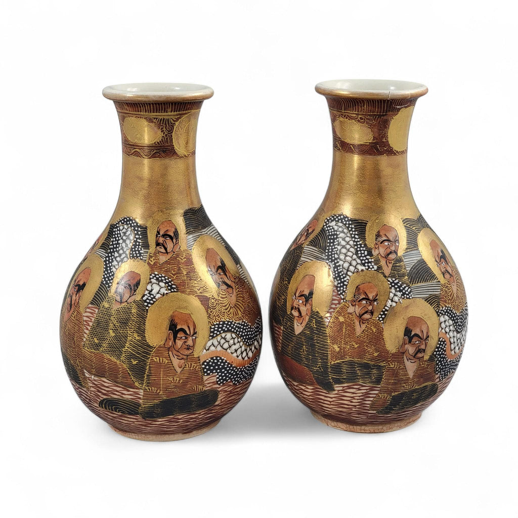 Antique Japanese Meiji Satsuma vase pair with gilt arhats, Kyoto studio, c.1890–1910