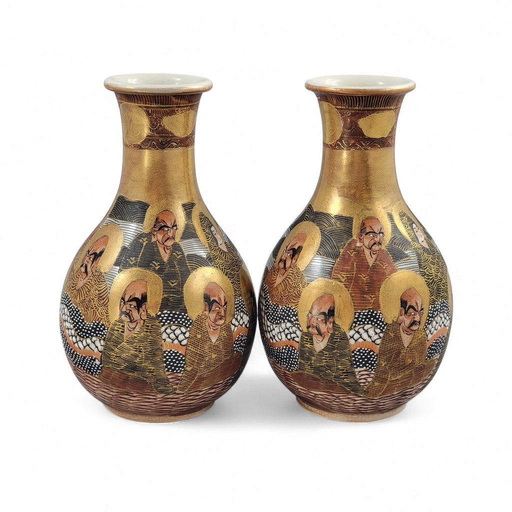 Antique Japanese Meiji Satsuma vase pair with gilt arhats, Kyoto studio, c.1890–1910
