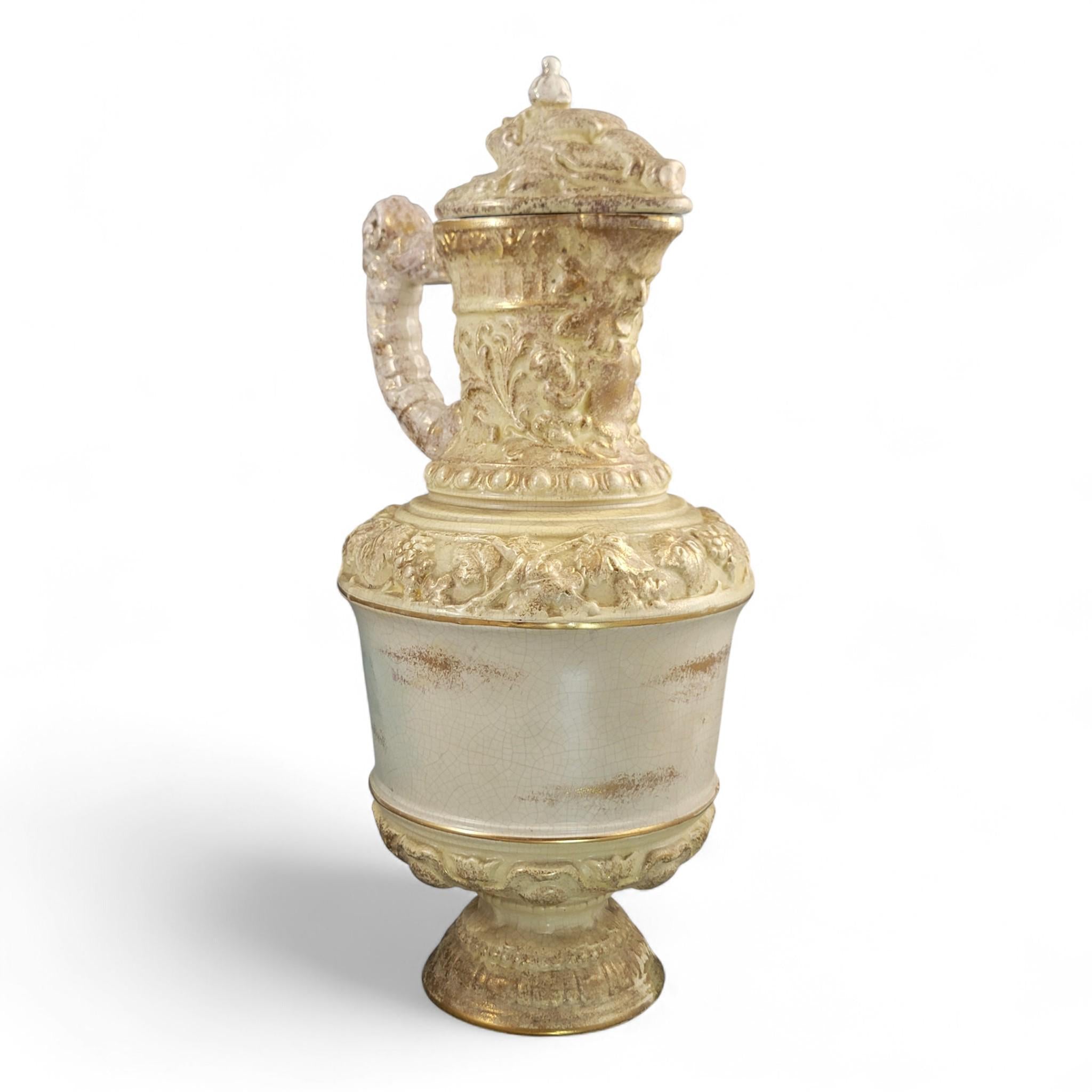 Monumental French barbotine wine ewer Choisy-le-Roi or Sarreguemines c.1875–95