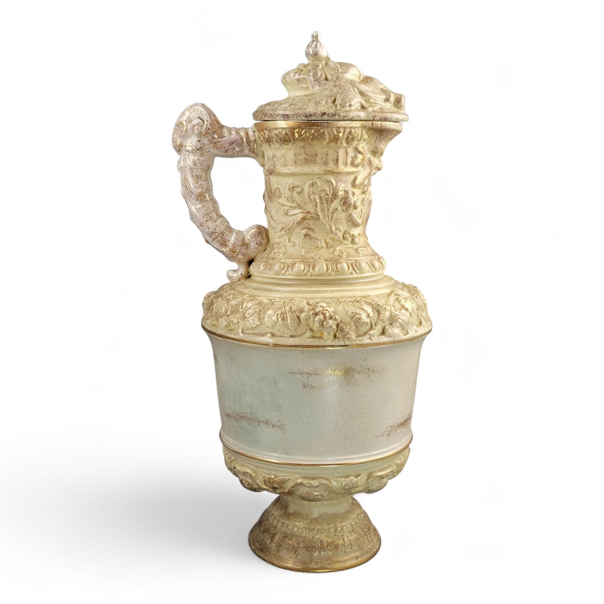 Monumental French barbotine wine ewer Choisy-le-Roi or Sarreguemines c.1875–95
