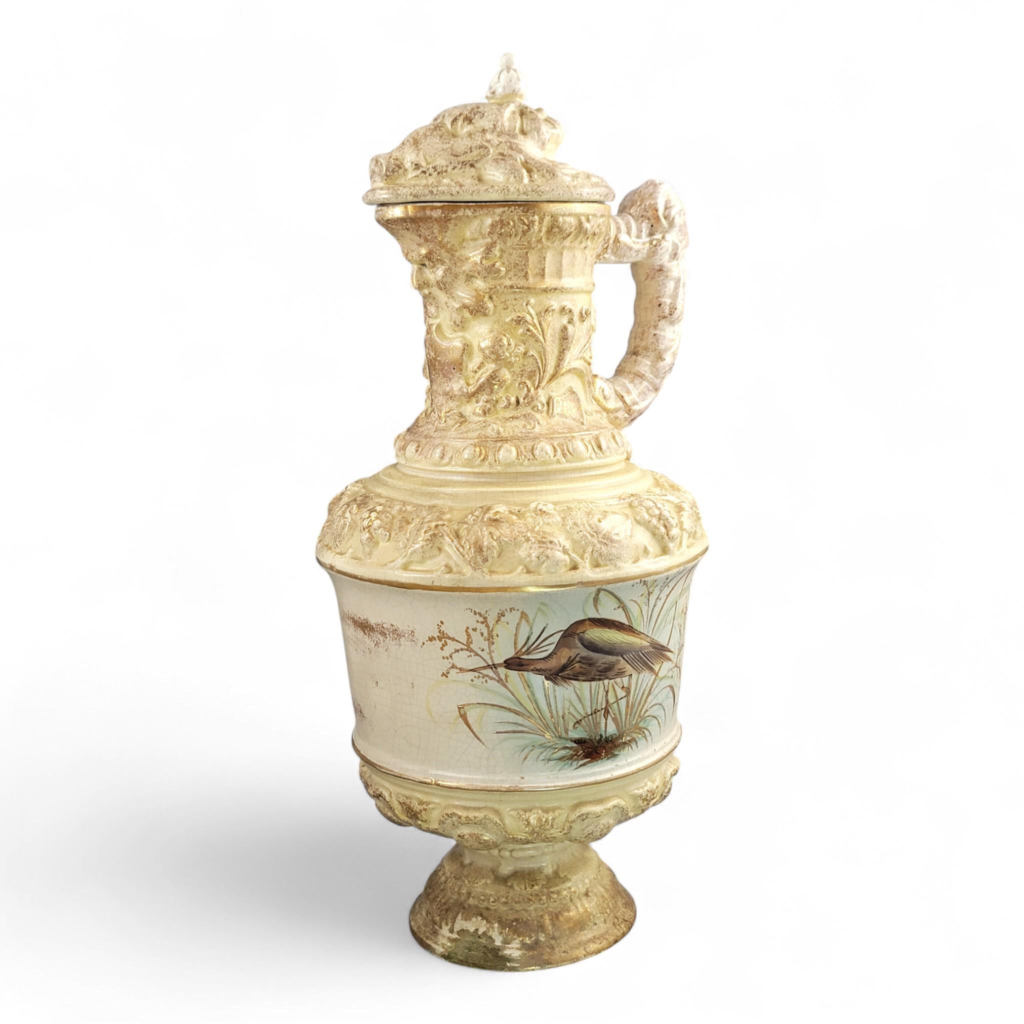 Monumental French barbotine wine ewer Choisy-le-Roi or Sarreguemines c.1875–95