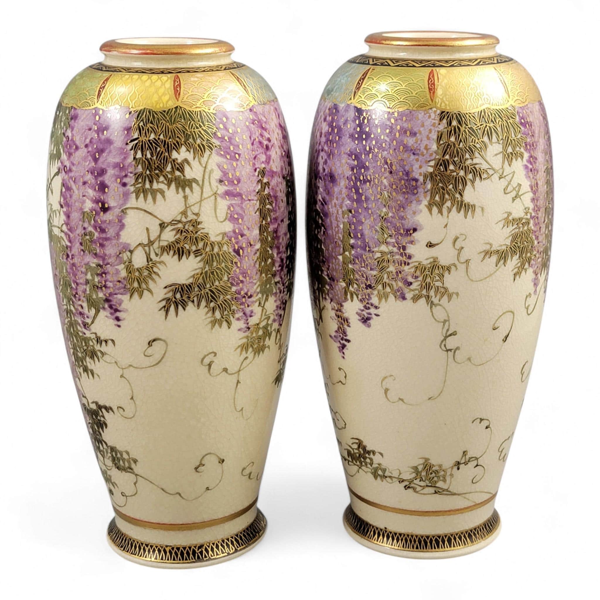 Antique Pair of Satsuma Wisteria Vases, Signed Tagawa, c. 1900–1920