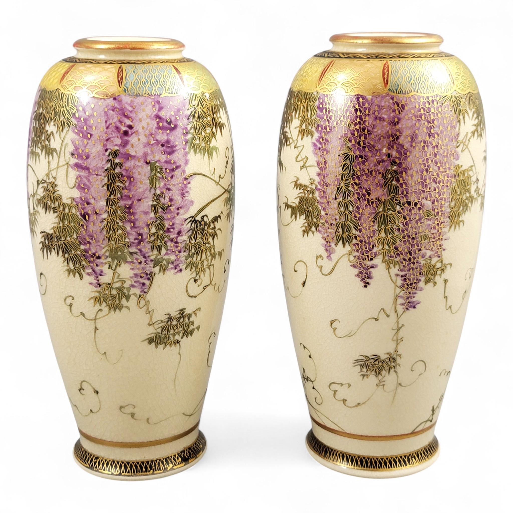 Antique Pair of Satsuma Wisteria Vases, Signed Tagawa, c. 1900–1920