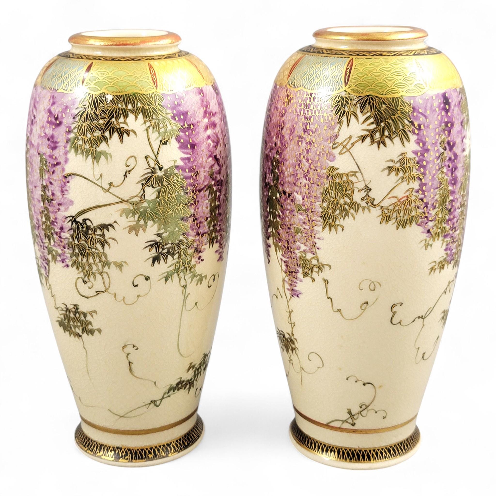Antique Pair of Satsuma Wisteria Vases, Signed Tagawa, c. 1900–1920