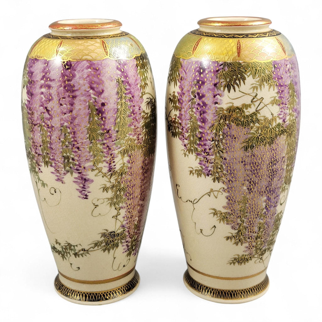 Antique Pair of Satsuma Wisteria Vases, Signed Tagawa, c. 1900–1920