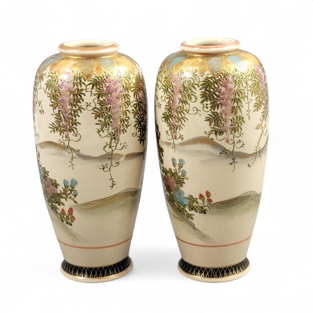 Pair of Kyoto Satsuma ‘Wisteria Garden’ Vases, Hakusan (白山), c. 1890–1915