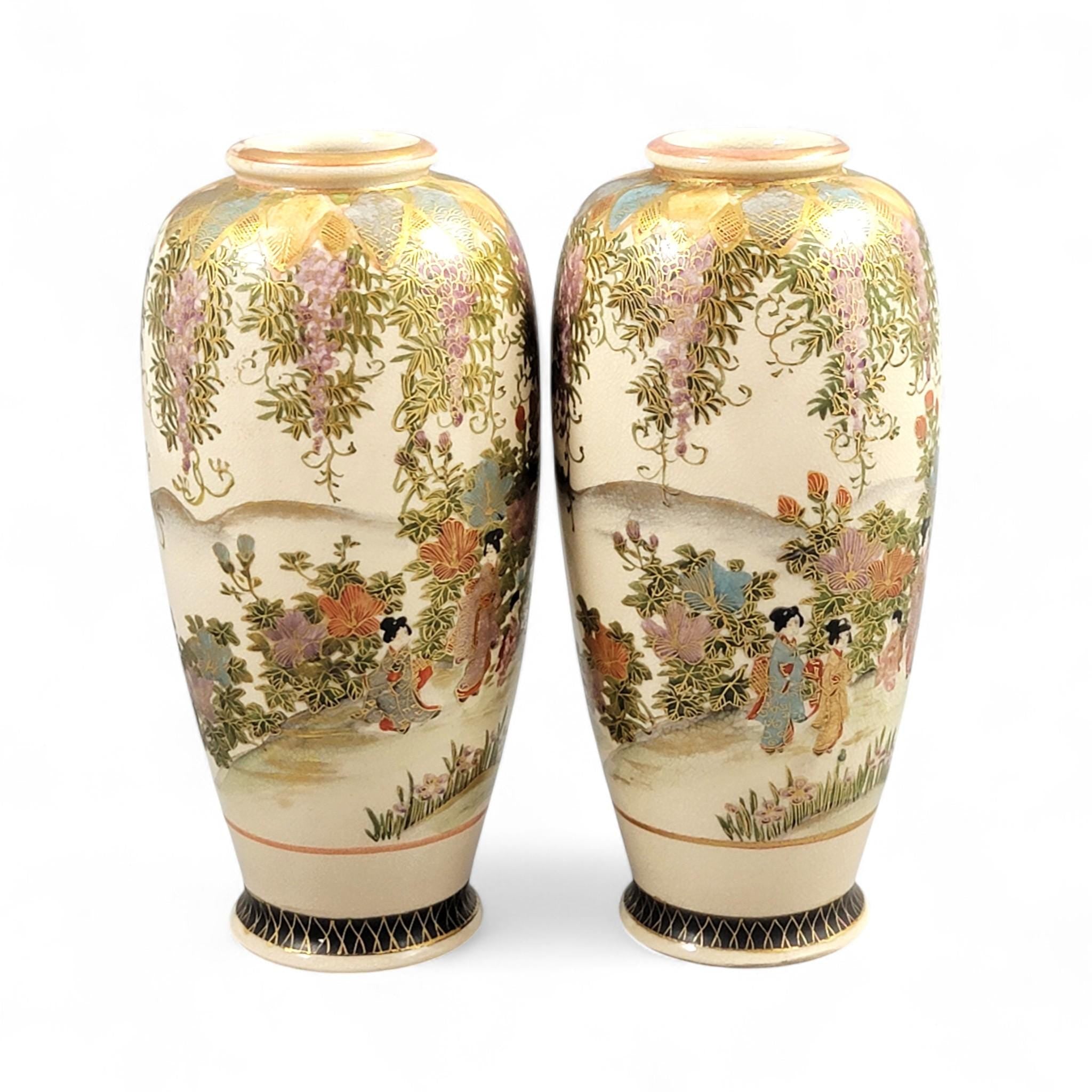 Pair of Kyoto Satsuma ‘Wisteria Garden’ Vases, Hakusan (白山), c. 1890–1915