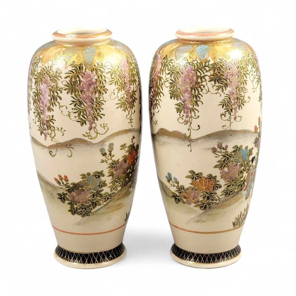 Pair of Kyoto Satsuma ‘Wisteria Garden’ Vases, Hakusan (白山), c. 1890–1915
