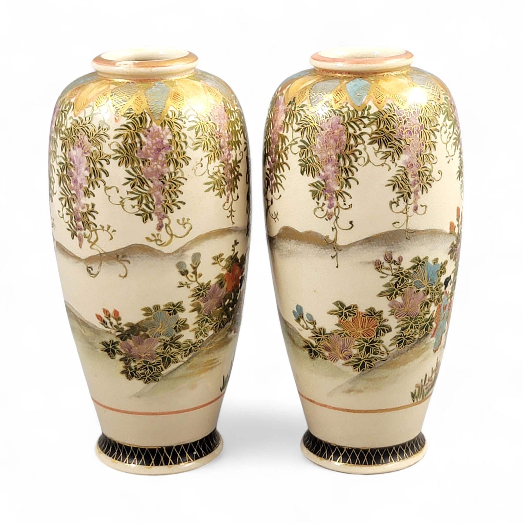 Pair of Kyoto Satsuma ‘Wisteria Garden’ Vases, Hakusan (白山), c. 1890–1915