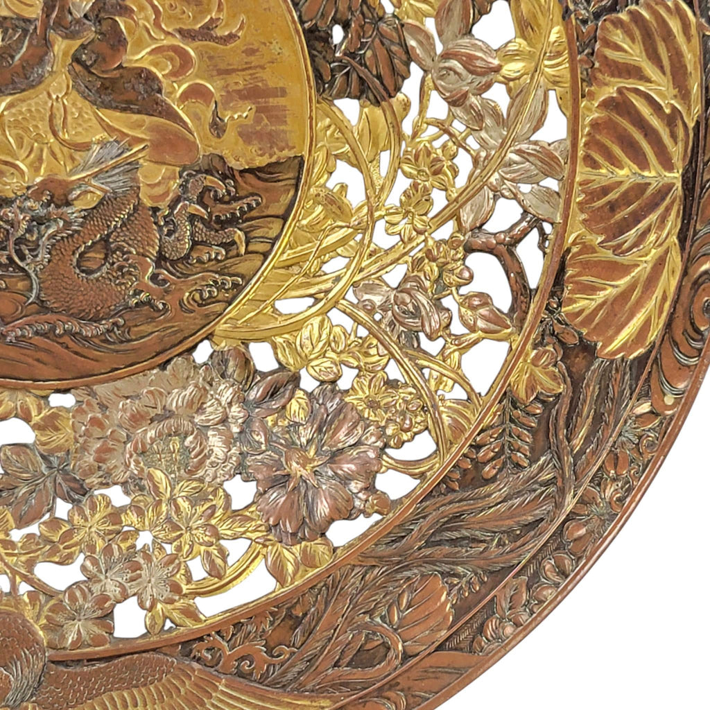 Japanese Mixed-Metal Openwork Dish “Benzaiten and Dragon”, c. 1890