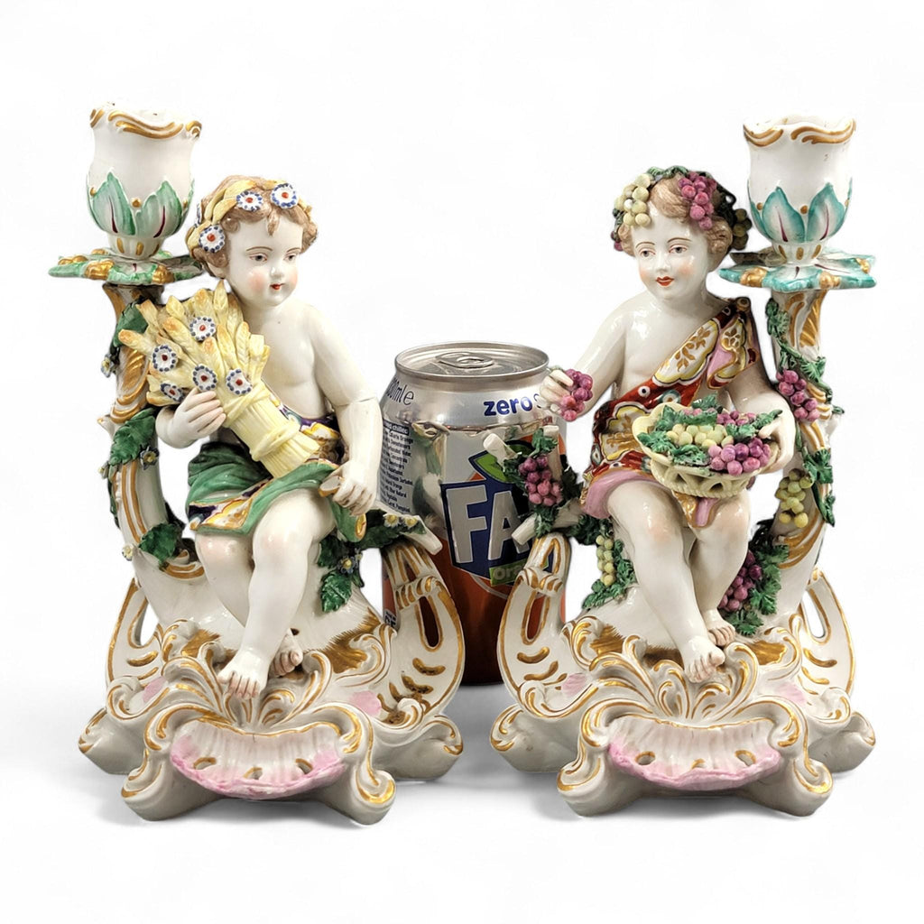 Chelsea porcelain Summer and Autumn candlesticks, late 18th century Four Seasons pair c.1775–1783