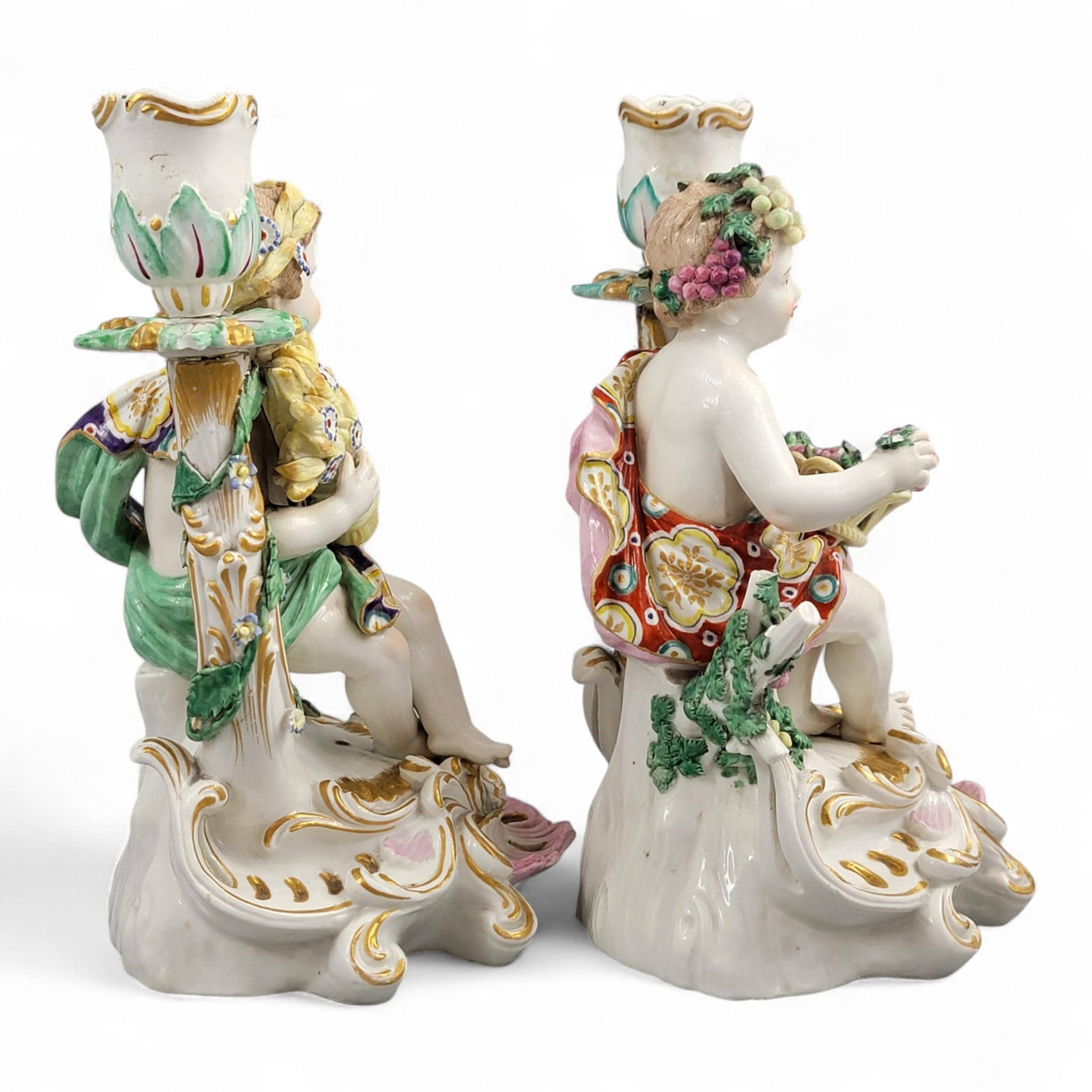Chelsea porcelain Summer and Autumn candlesticks, late 18th century Four Seasons pair c.1775–1783