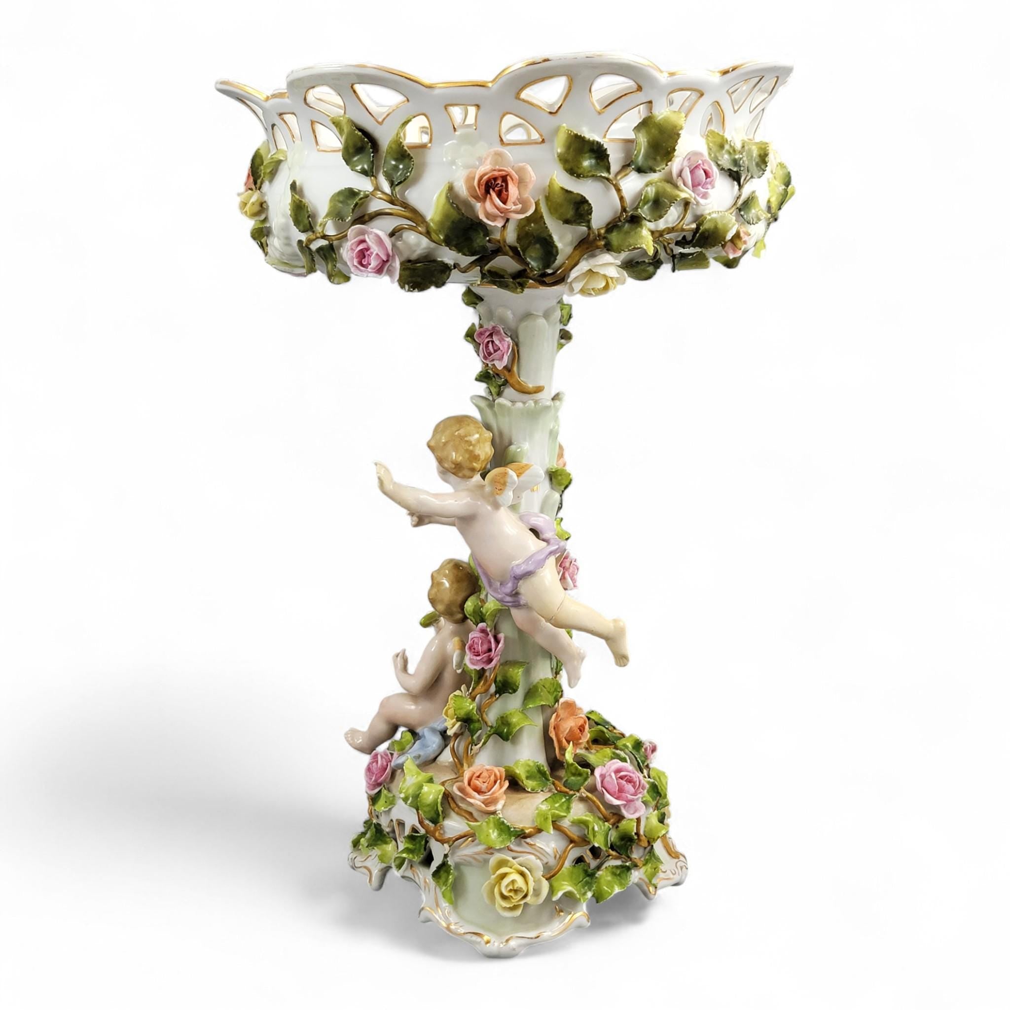 Large Schierholz Plaue floral centrepiece with putti, Dresden style porcelain, c.1907