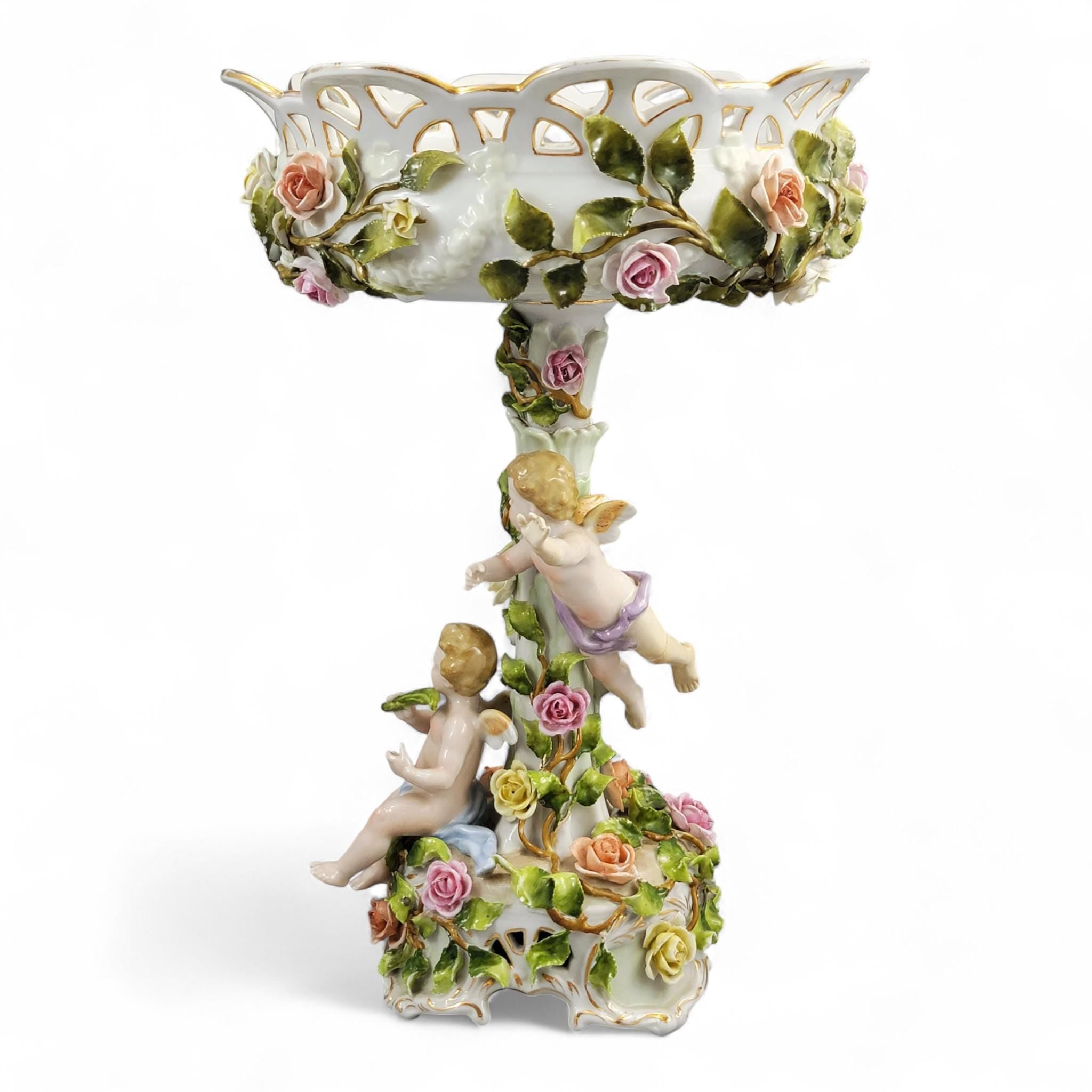 Large Schierholz Plaue floral centrepiece with putti, Dresden style porcelain, c.1907