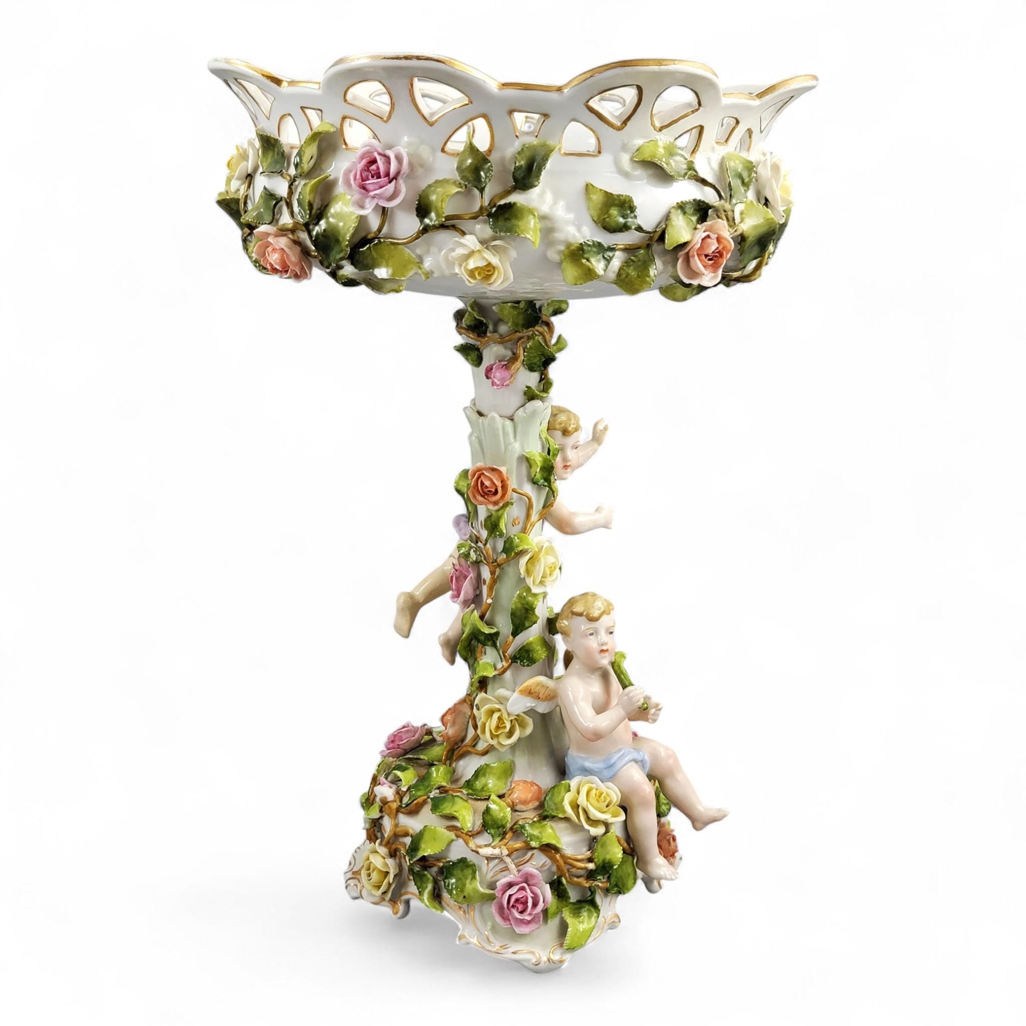 Large Schierholz Plaue floral centrepiece with putti, Dresden style porcelain, c.1907