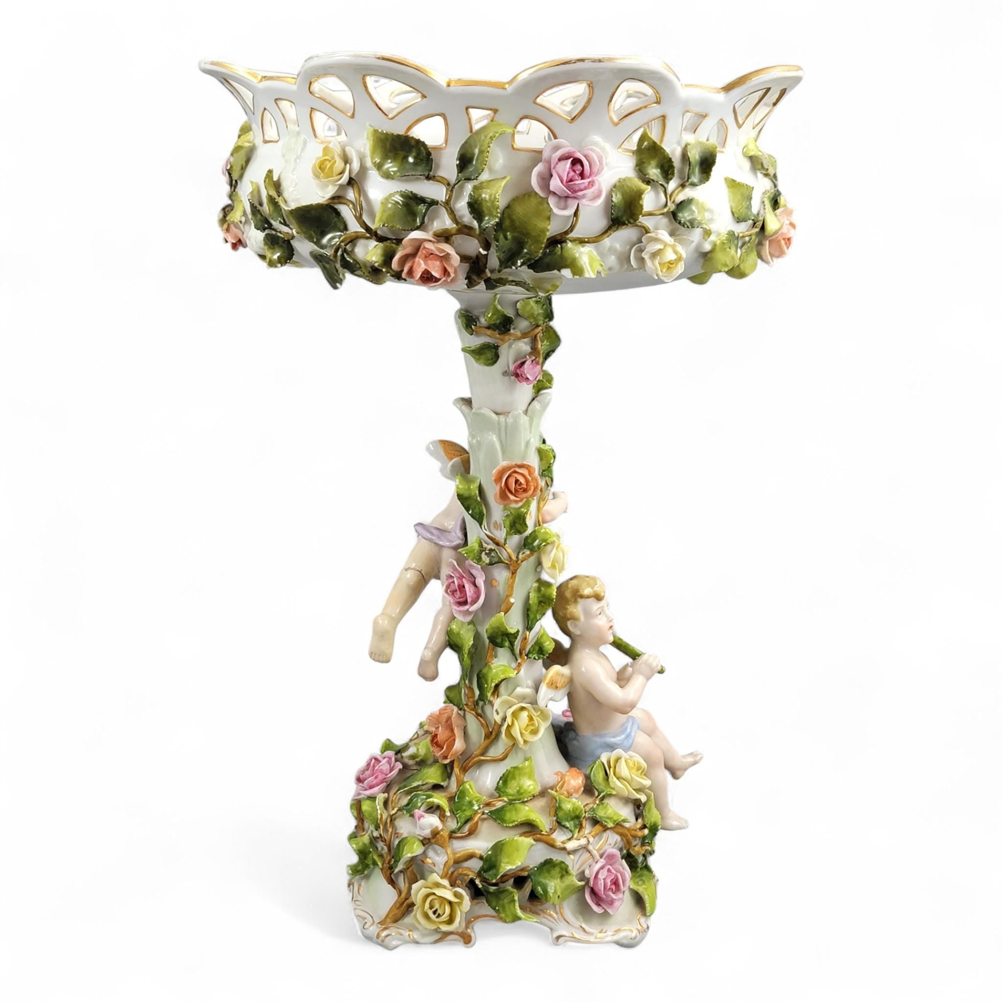 Large Schierholz Plaue floral centrepiece with putti, Dresden style porcelain, c.1907