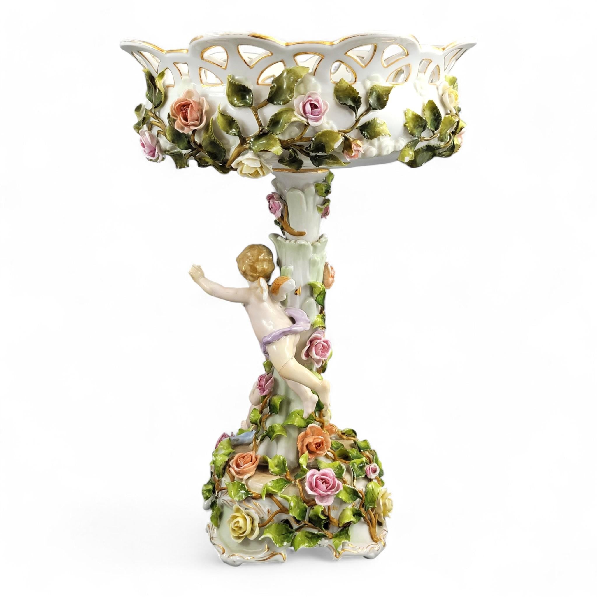 Large Schierholz Plaue floral centrepiece with putti, Dresden style porcelain, c.1907