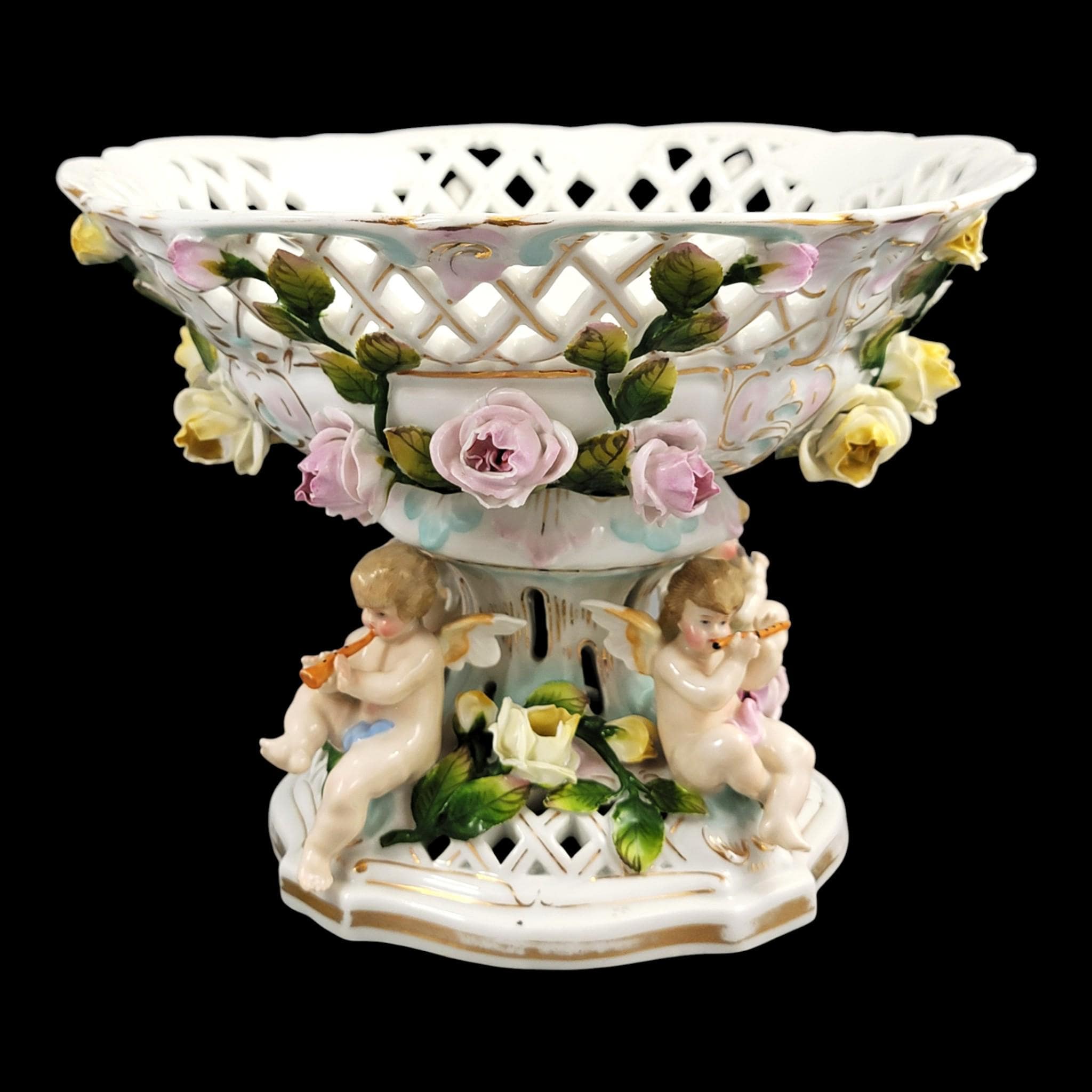 Large Schierholz Plaue floral centrepiece with putti, Dresden style porcelain, c.1907