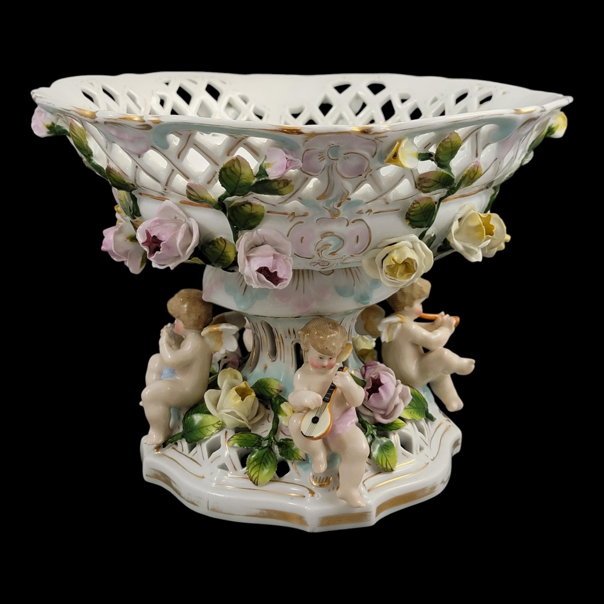 Large Schierholz Plaue floral centrepiece with putti, Dresden style porcelain, c.1907
