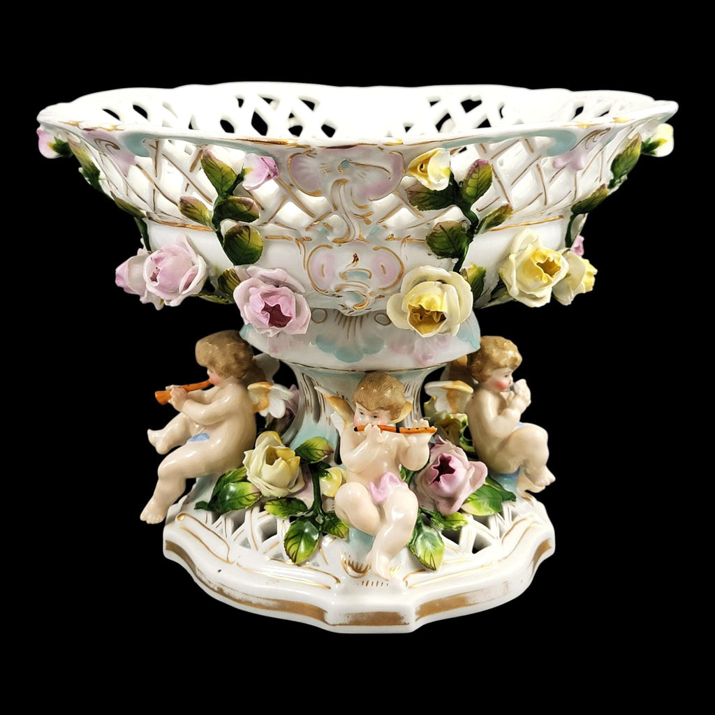 Large Schierholz Plaue floral centrepiece with putti, Dresden style porcelain, c.1907
