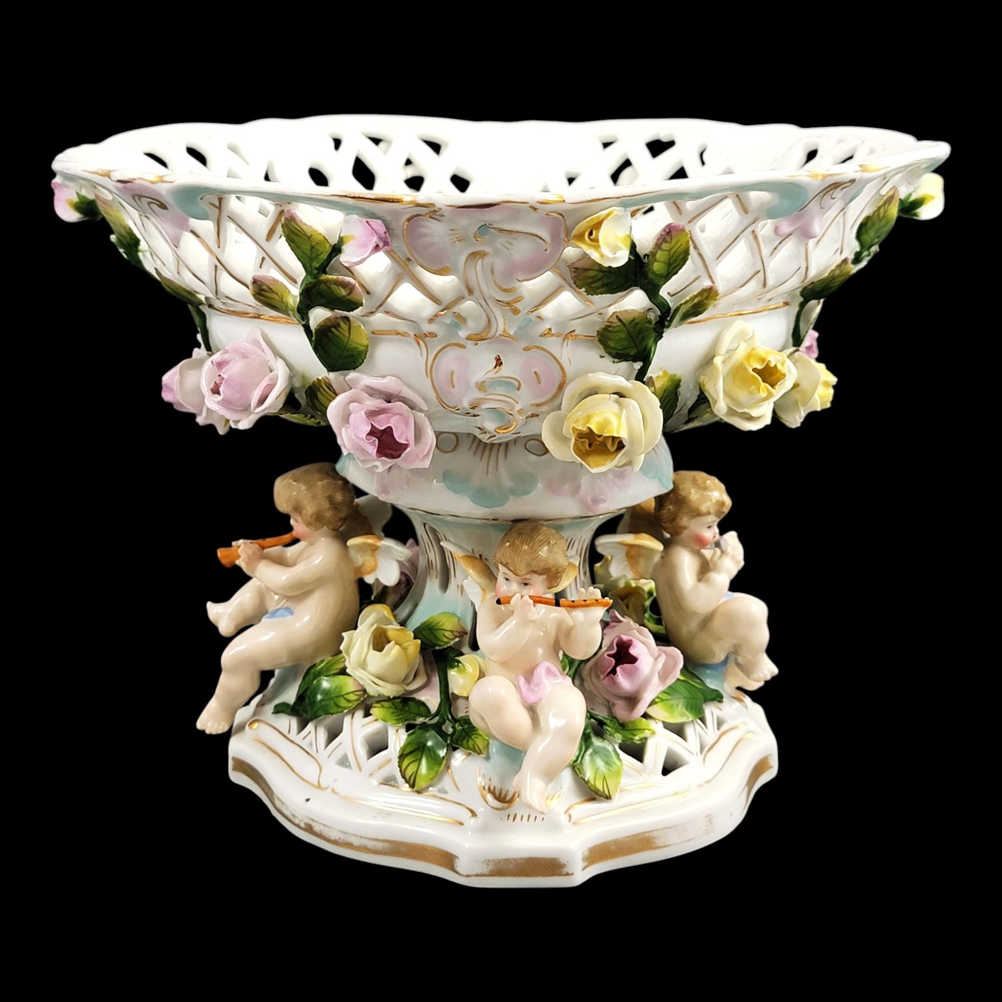 Large Schierholz Plaue floral centrepiece with putti, Dresden style porcelain, c.1907