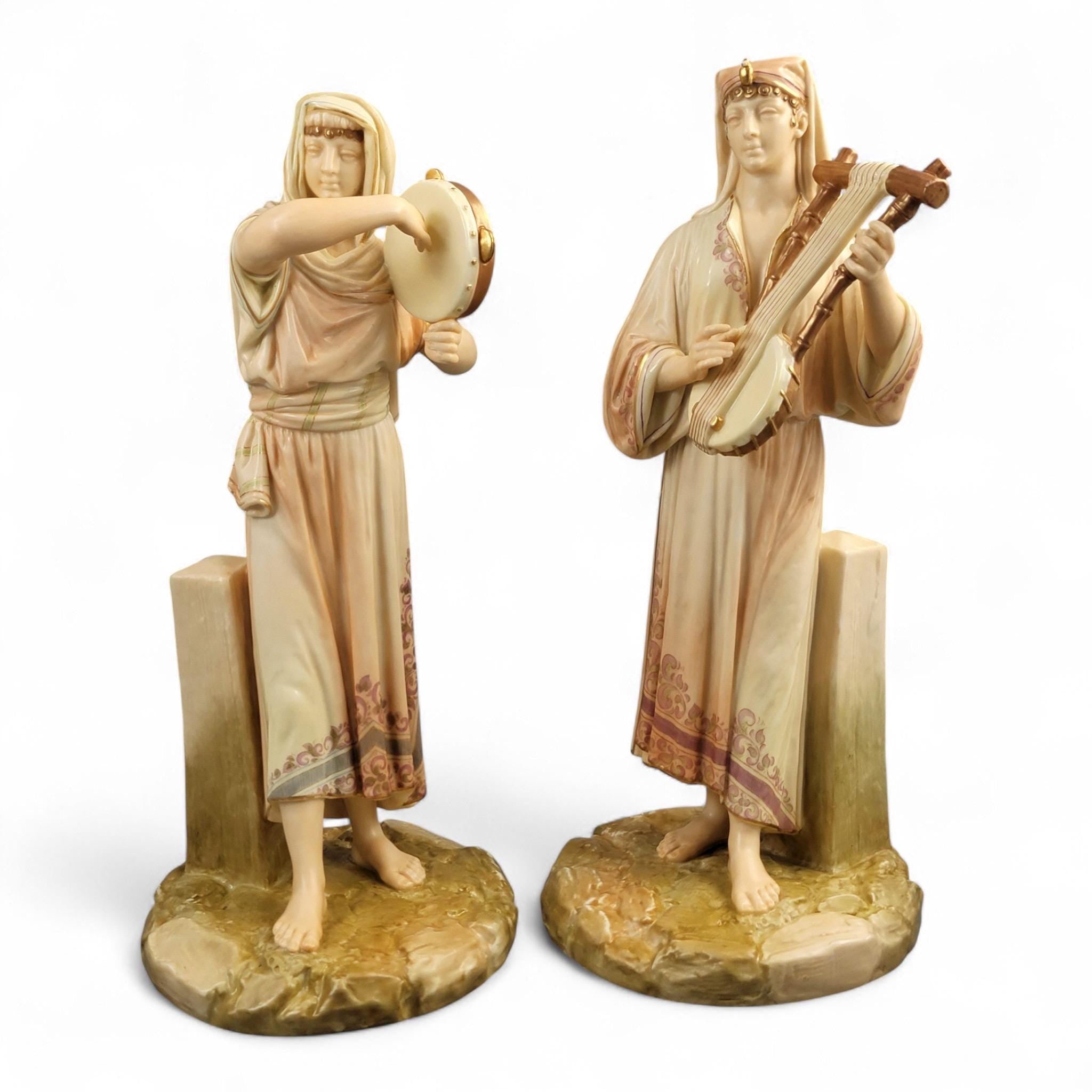 Royal Worcester Egyptian Musician Pair by James Hadley, Large Sculptural Figures, 1893