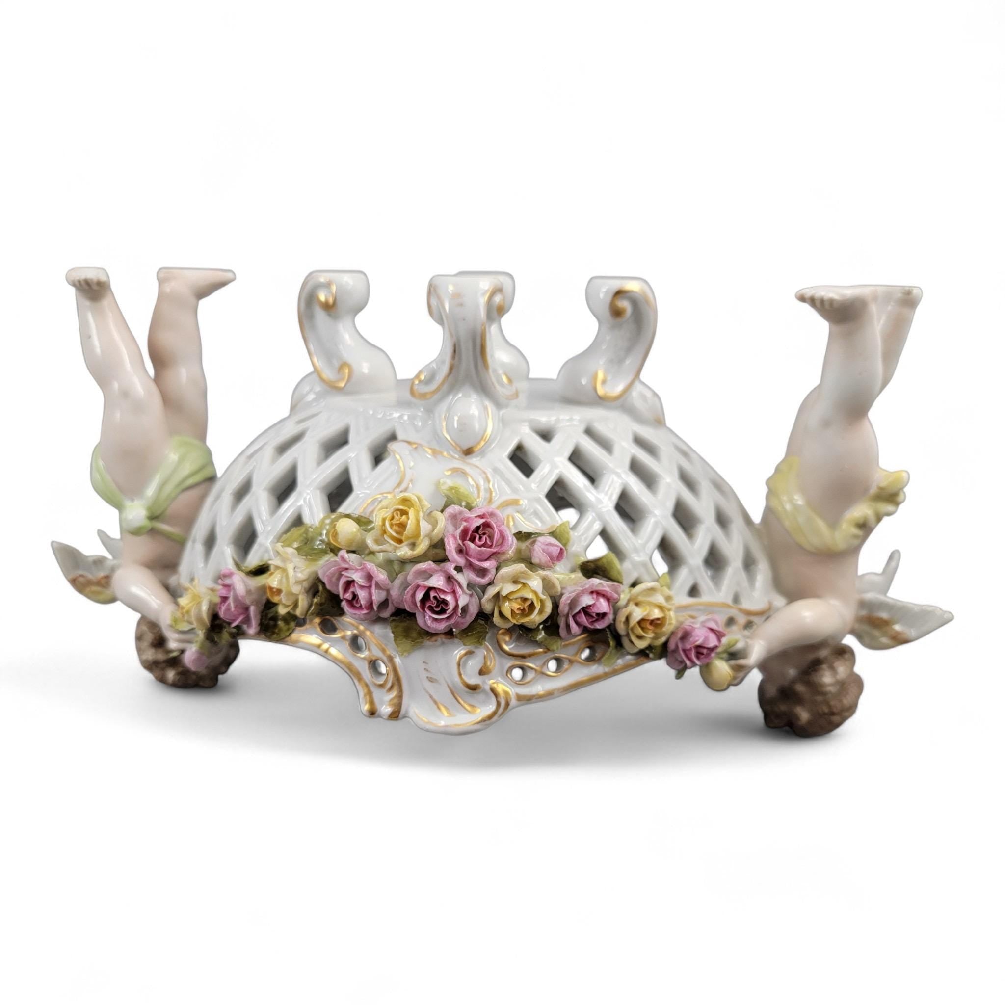 Schierholz Plaue Cherub Centrepiece with Applied Roses, Rococo Basket, c.1907