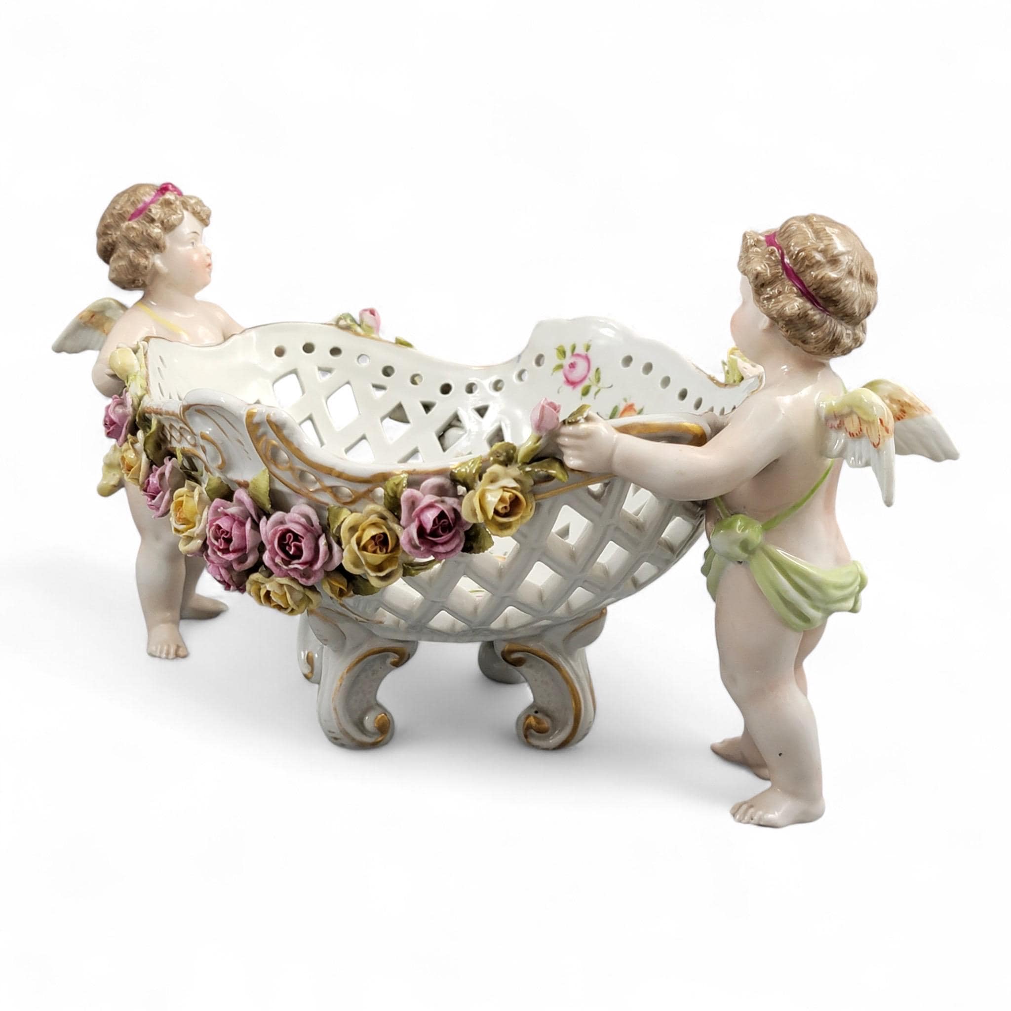 Schierholz Plaue Cherub Centrepiece with Applied Roses, Rococo Basket, c.1907