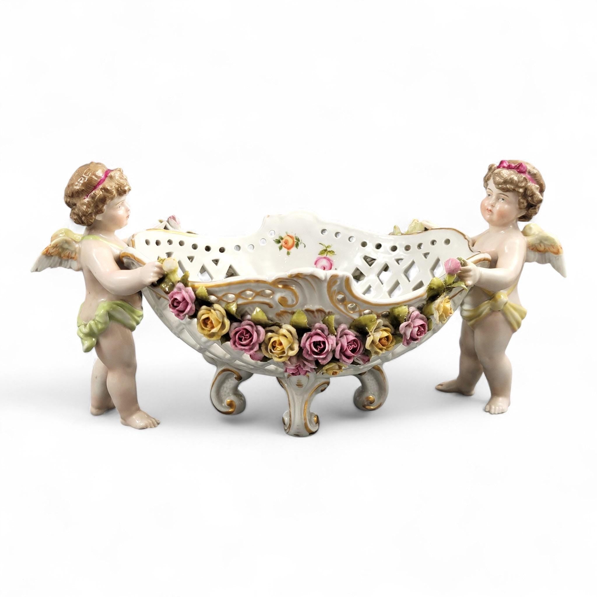 Schierholz Plaue Cherub Centrepiece with Applied Roses, Rococo Basket, c.1907