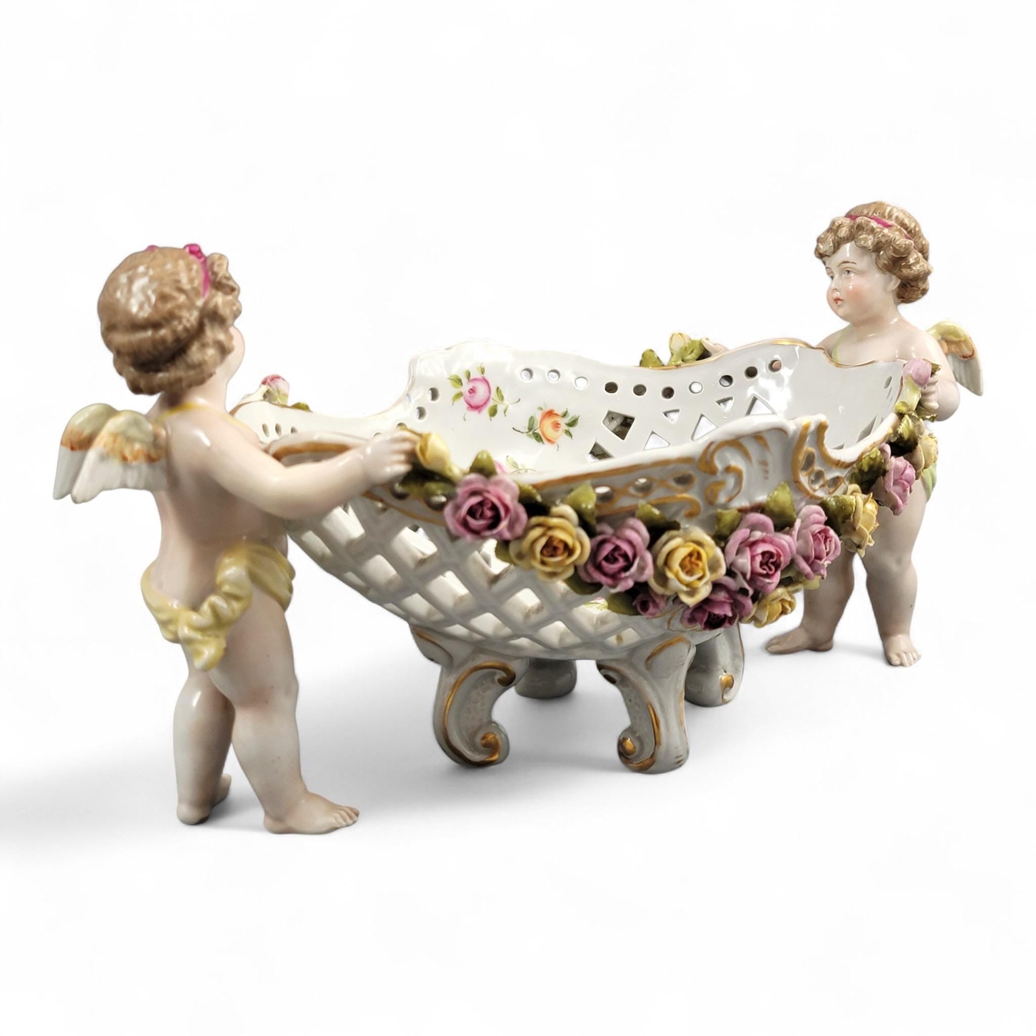 Schierholz Plaue Cherub Centrepiece with Applied Roses, Rococo Basket, c.1907